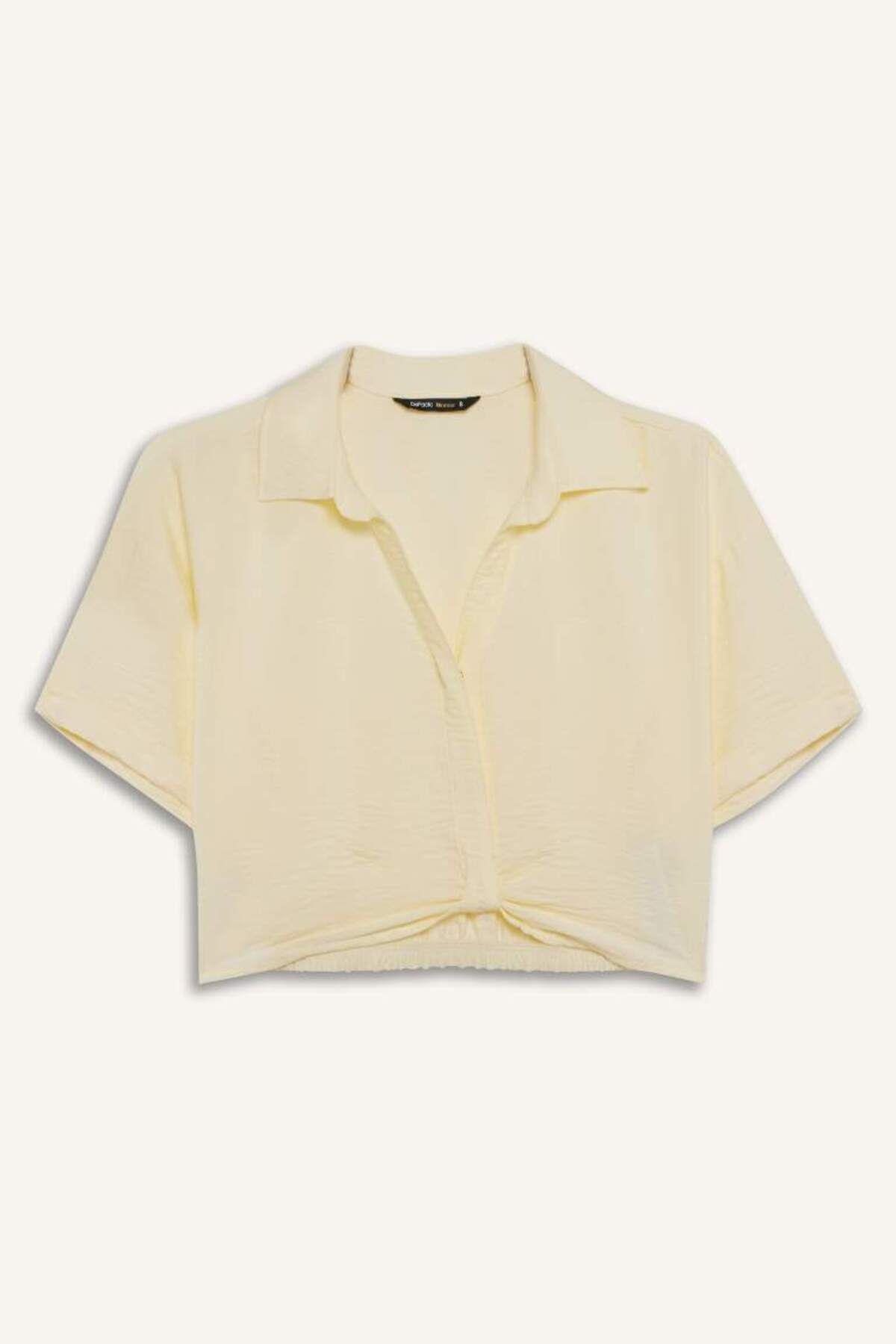 DeFacto Yeni Sezon Cropped Fit Gömlek Yaka Keten Görünümlü Kısa Kollu Bluz