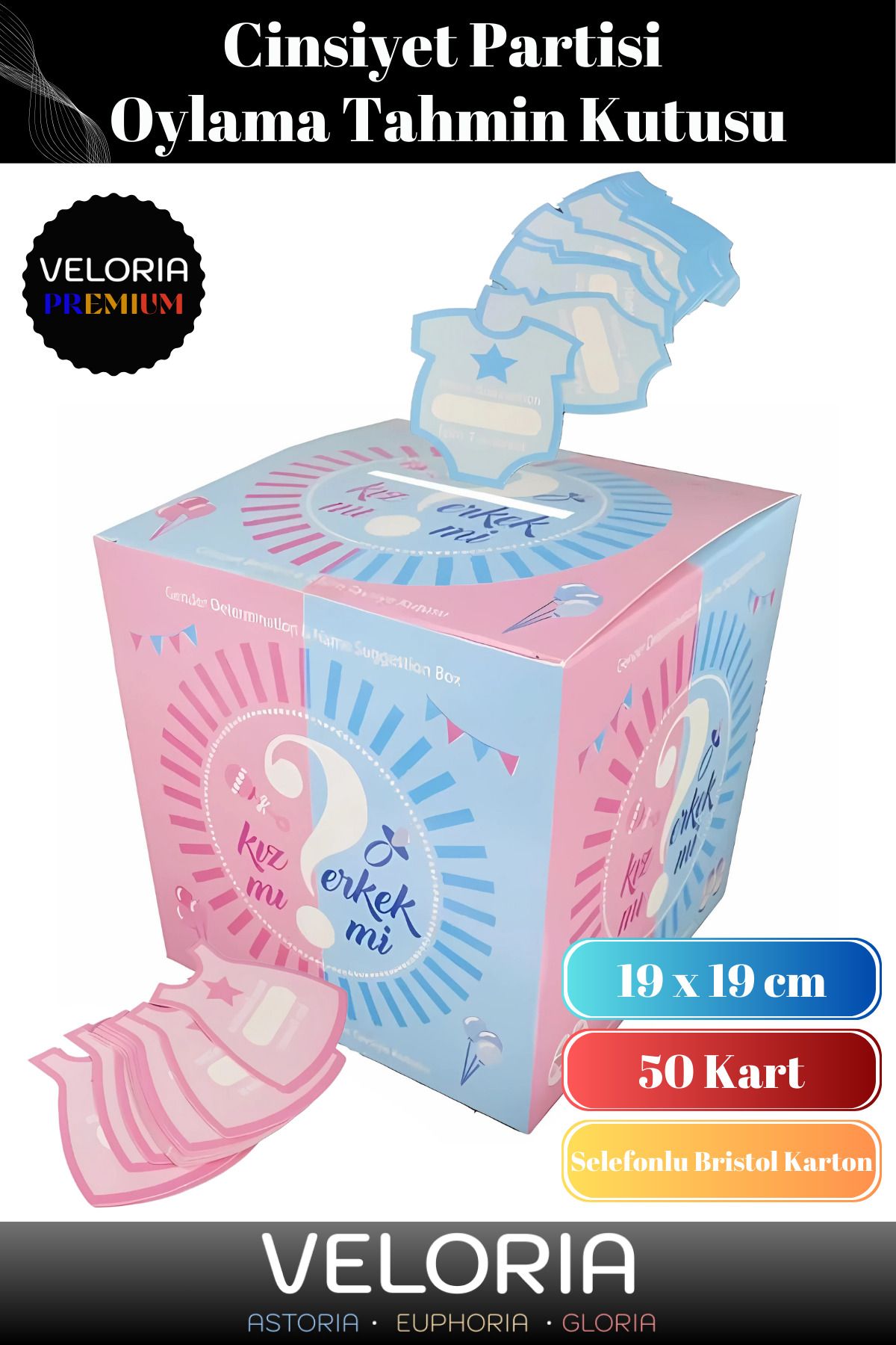 Veloria Premium Seri 50 Kartlı Kız Mı Erkek Mi Cinsiyet Partisi Oylama Tahmin Kutusu 19 x 19 cm