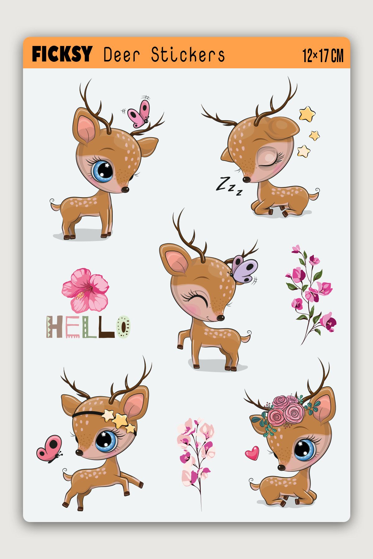 Ficksy Sevimli Yavru Geyik Sticker Seti - 8 Adet Etiket Çıkartma