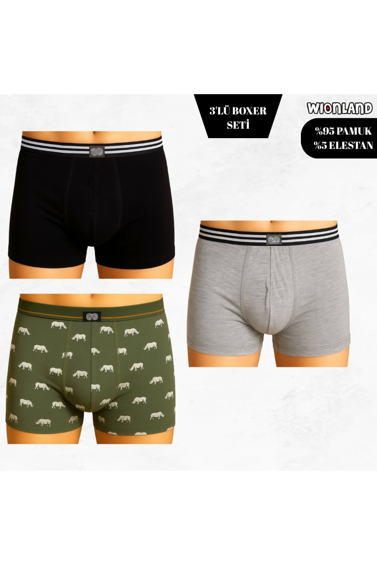 Wionland Erkek 3'lü Boxer Seti – L Beden (Yeşil Desenli / Gri / Siyah)