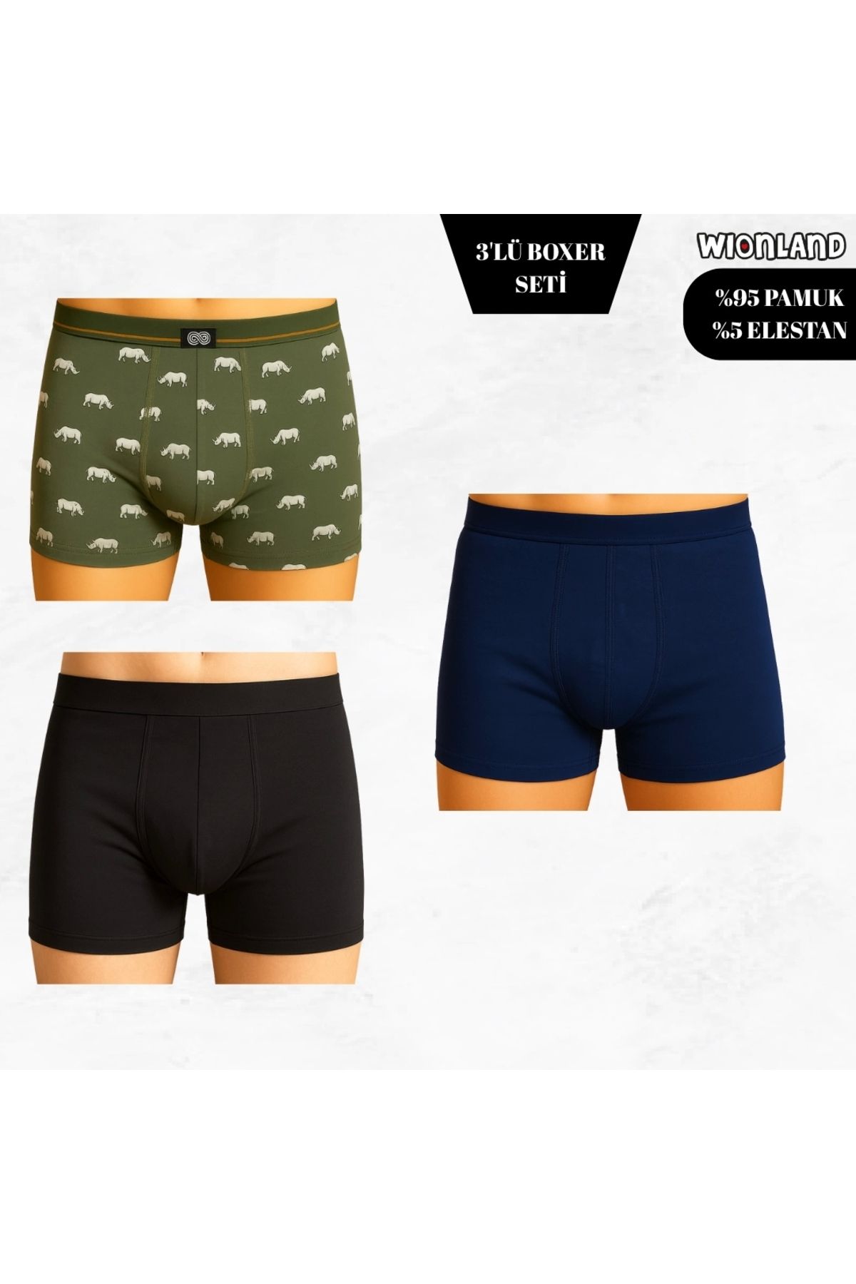 Wionland Erkek 3'lü Boxer Seti – S Beden (Yeşil Desenli / Siyah / Lacivert)