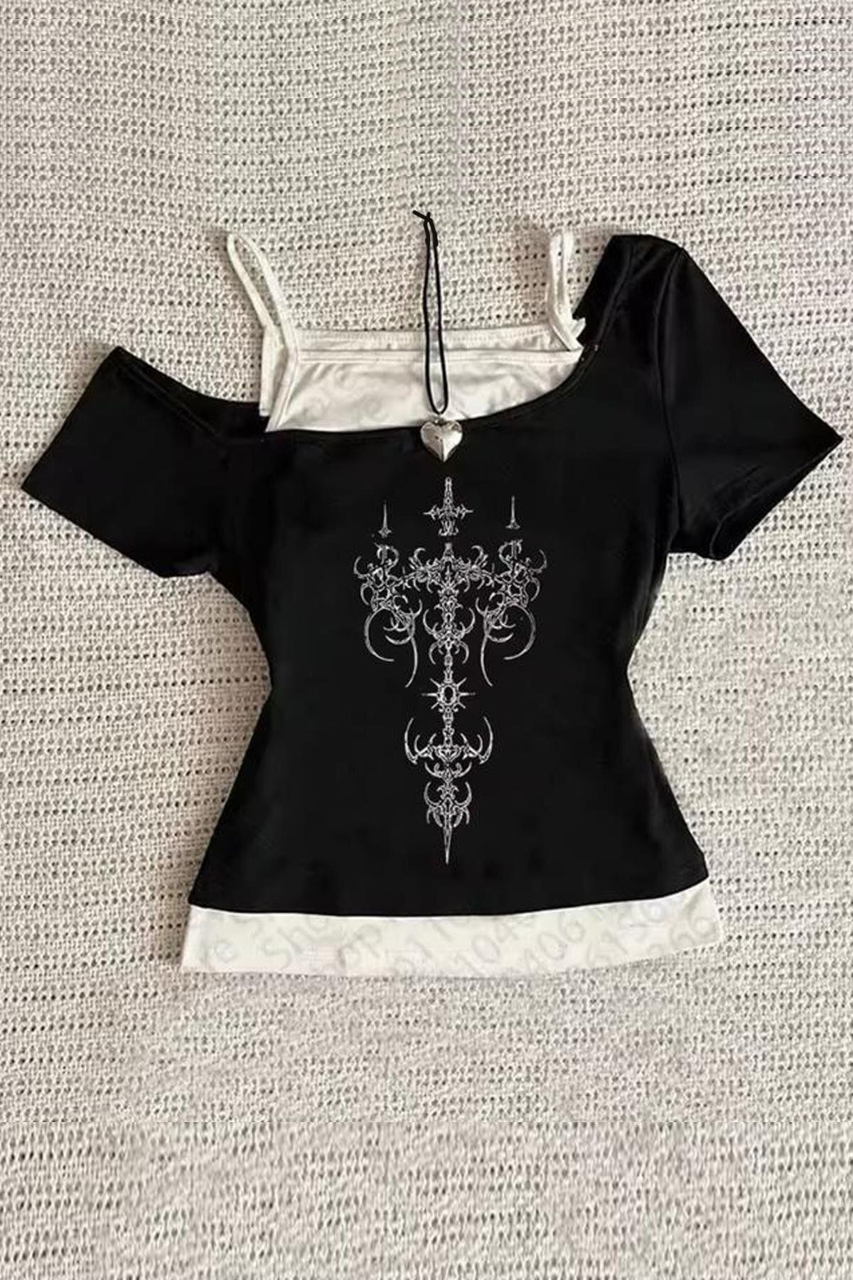 BALİNA Siyah Gotik Cross Pattern Madonna Yaka Ek Askılı Y2K Kısa Kollu Full Body Crop -ALH
