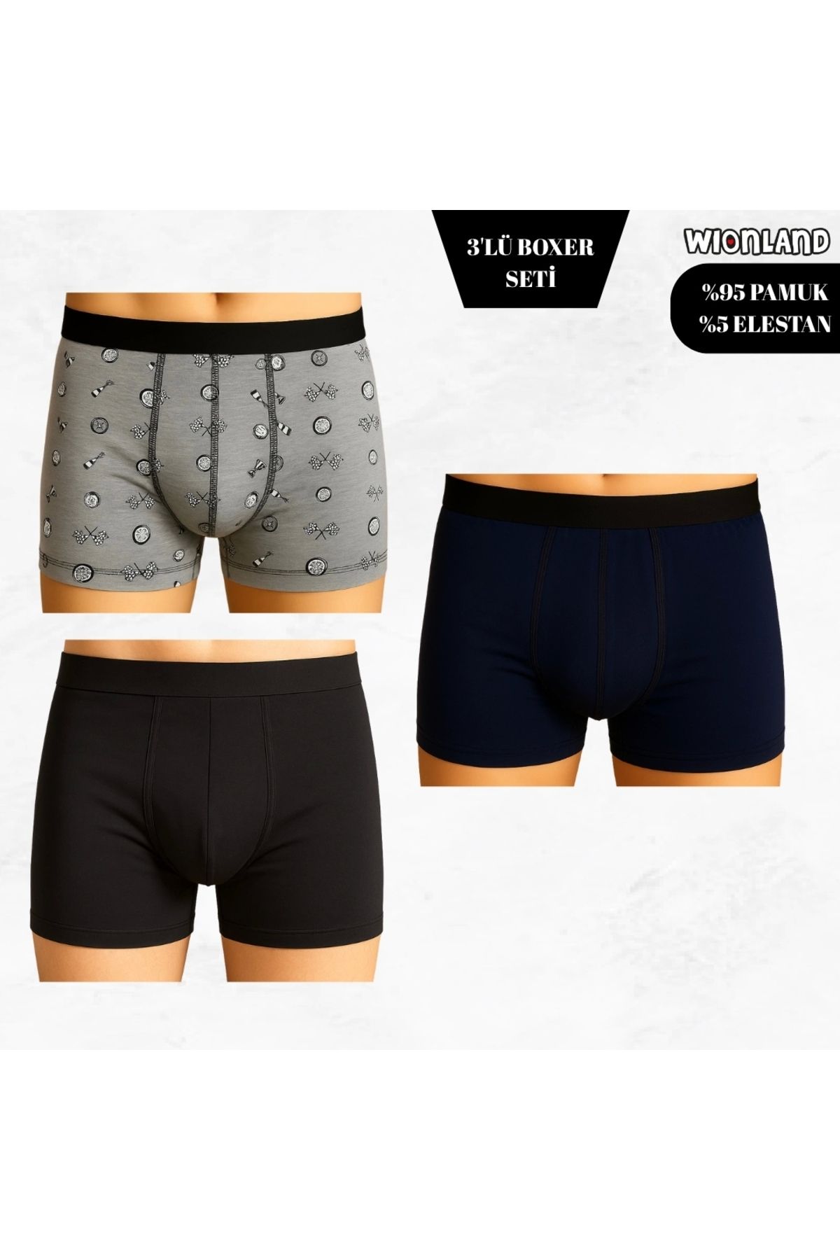 Wionland Erkek 3'lü Boxer Seti – XL Beden (Yarış Temalı / Lacivert / Siyah)
