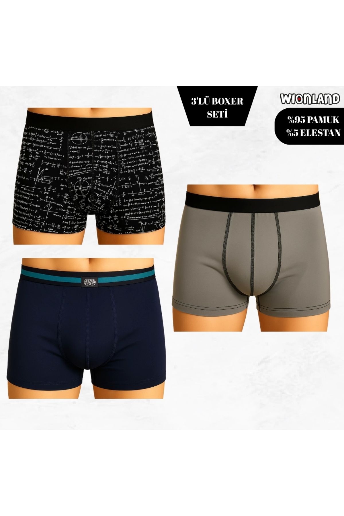 Wionland Erkek 3'lü Boxer Seti – M Beden (Siyah Yazılı / Lacivert / Bej)