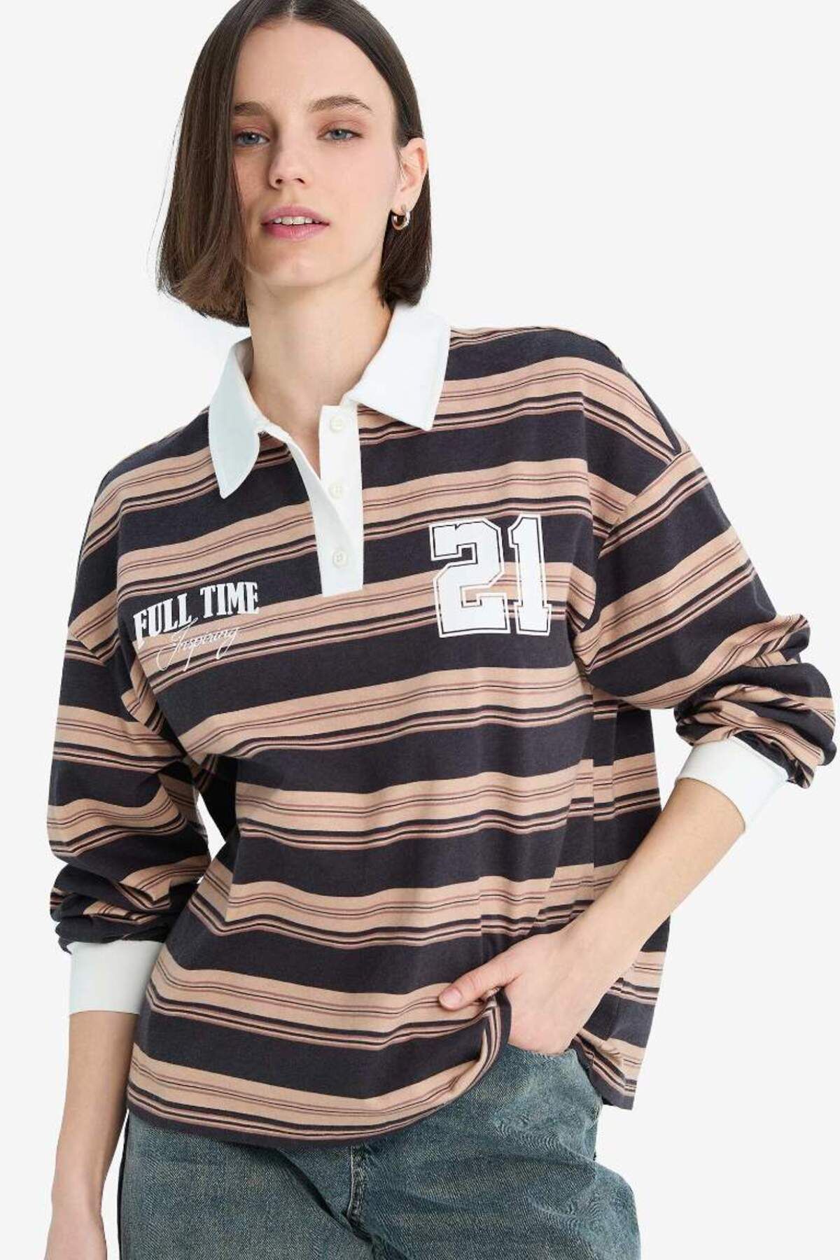 DeFacto Yeni Sezon Coool Loose Fit Çizgili Polo Yaka Sweatshirt