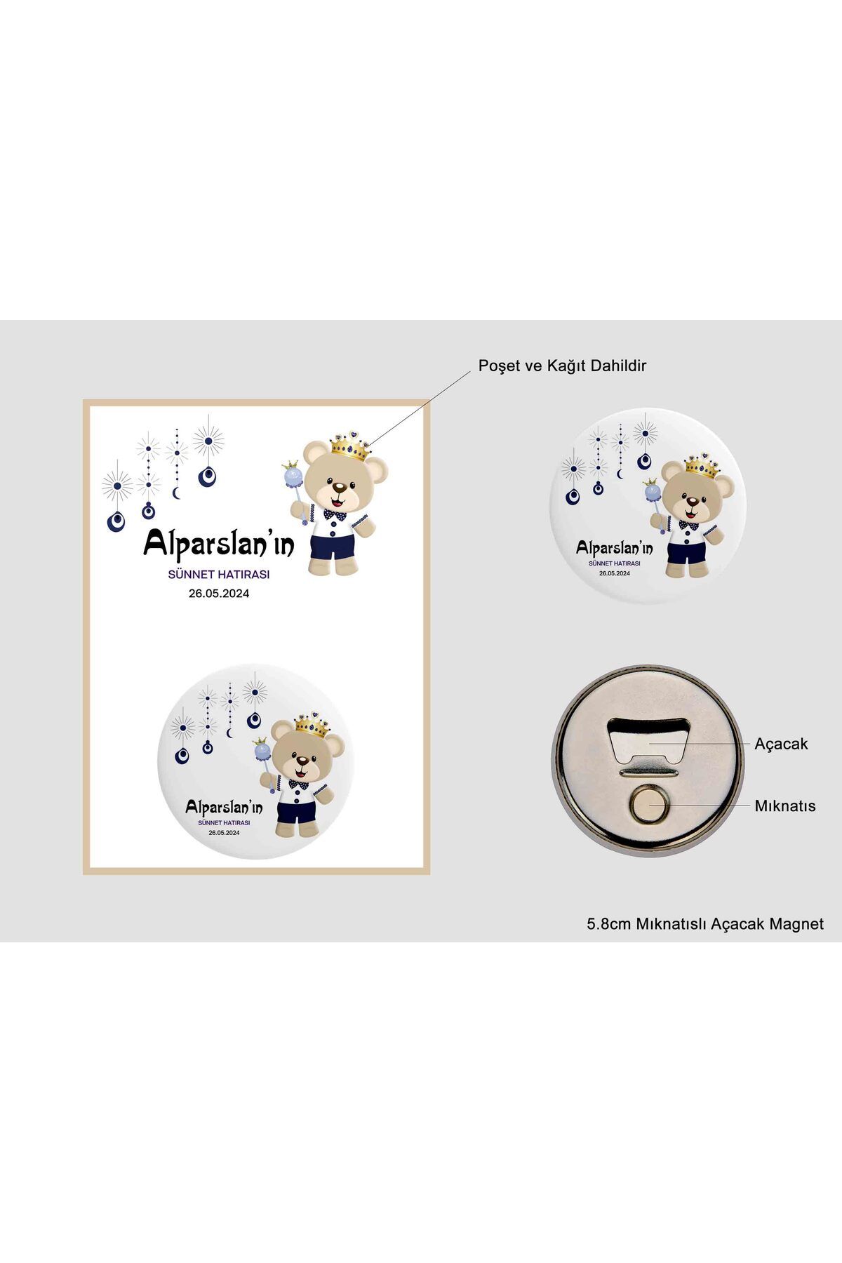 Ste Desing Kişiye Özel Metal Açacak Magnet Sünnet Magnet Ayıcık Bebek Açacak Magnet Yeni Doğan Magnet 10 Adet