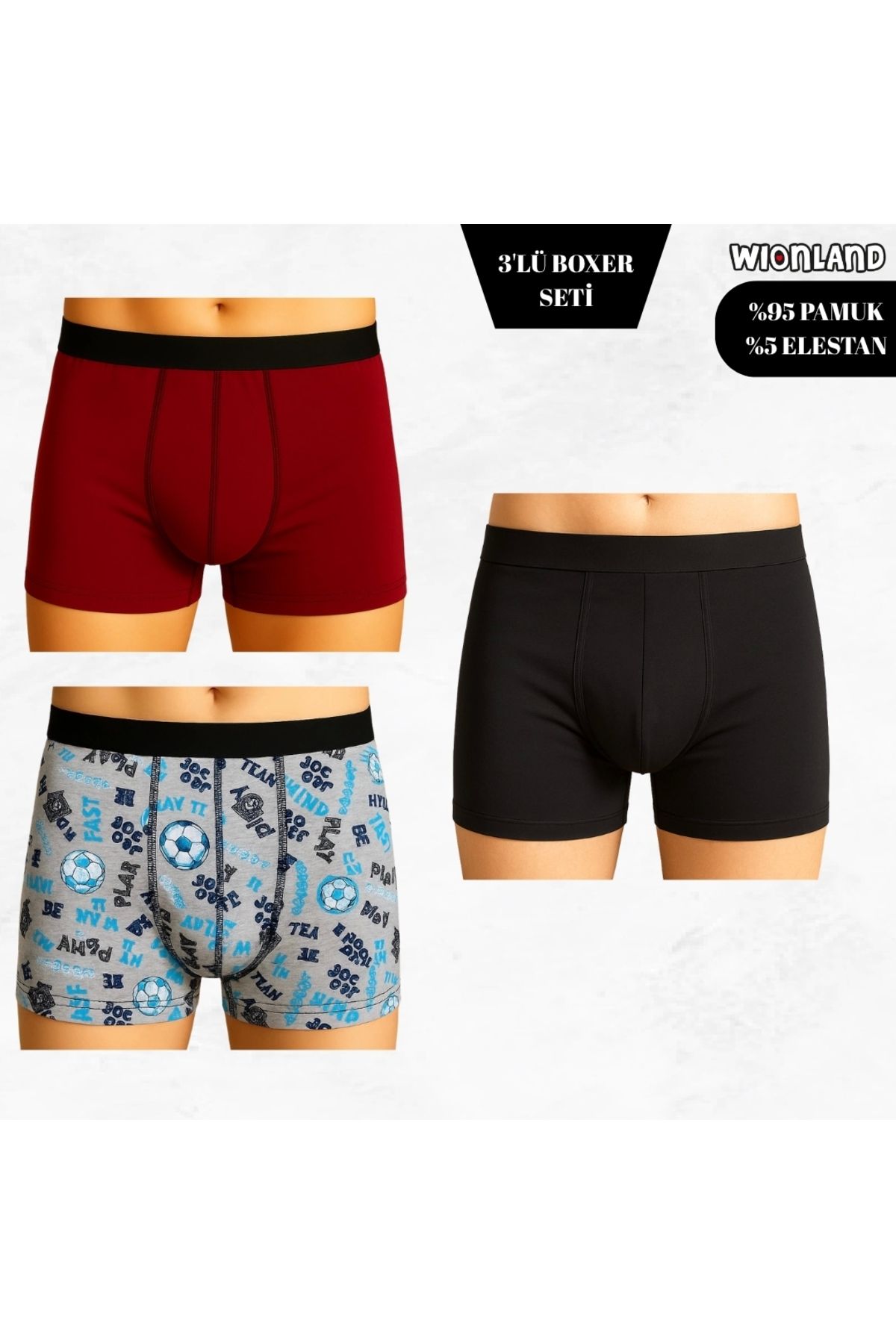 Wionland Erkek 3'lü Boxer Seti – M Beden (Futbol Temalı / Siyah / Bordo)