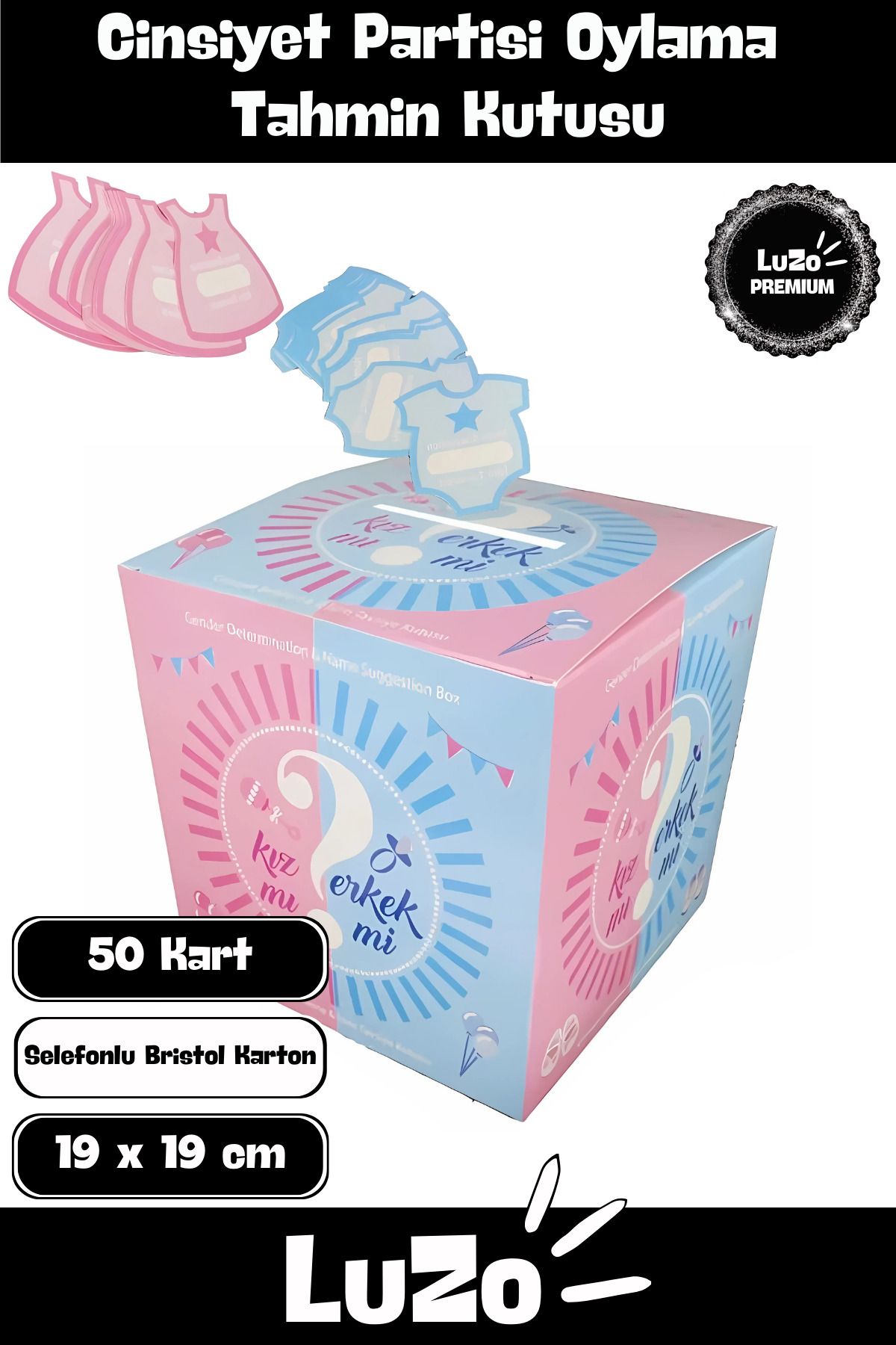 LuZo Premium Seri 50 Kartlı Cinsiyet Partisi Kız Mı Erkek Mi Oylama Tahmin Kutusu 19 x 19 cm