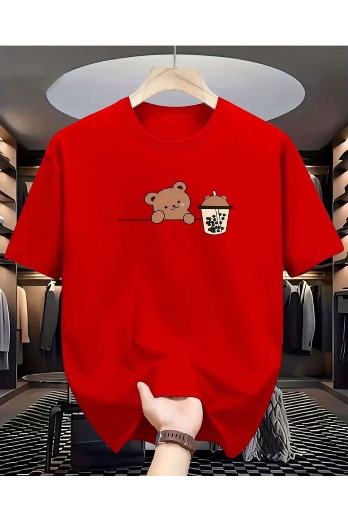khufu Oversize Kırmızı Renkli AYICIK Baskılı Rahat Kesim T-shirt Ünisex