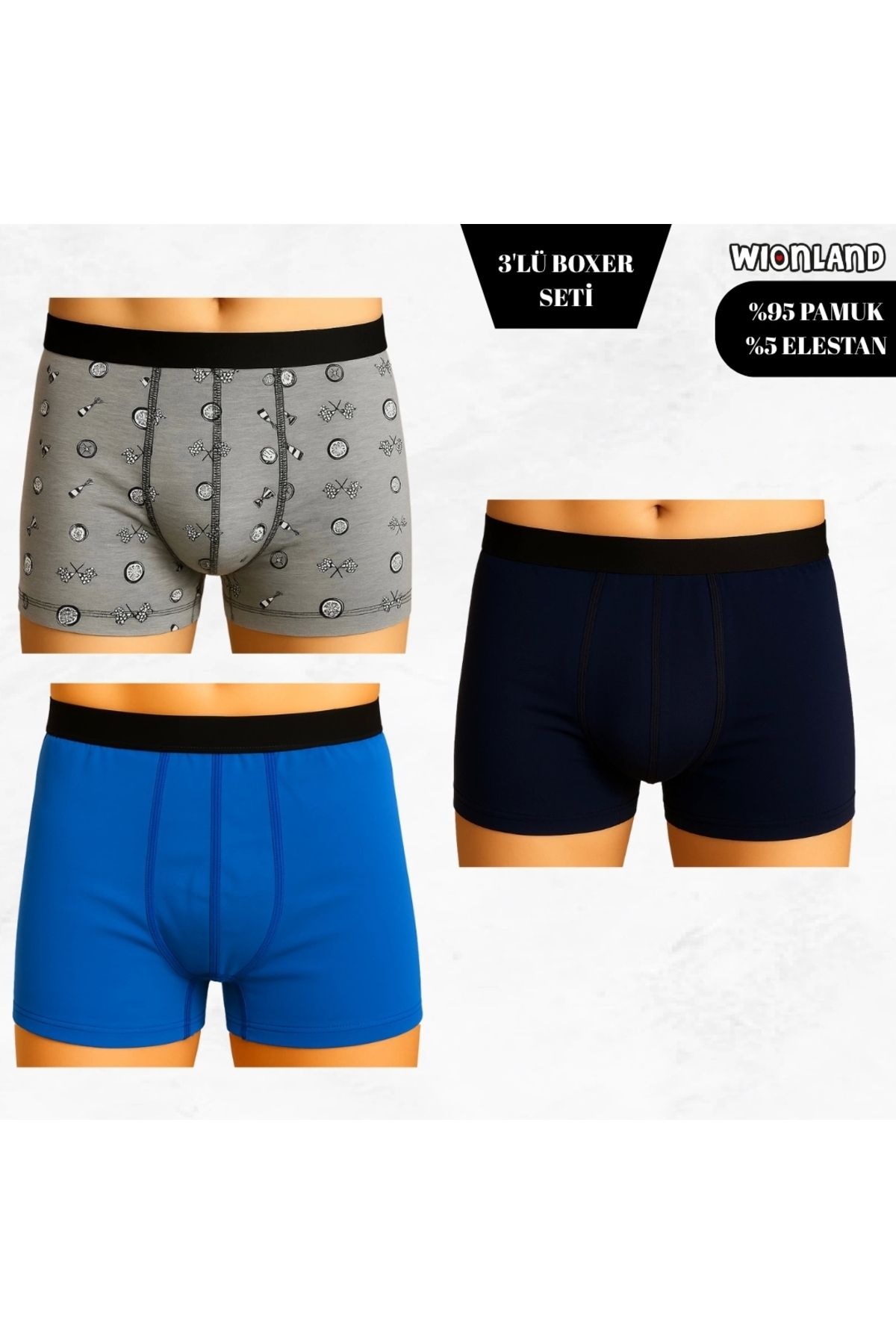Wionland Erkek 3'lü Boxer Seti – M Beden (Yarış Temalı / Mavi / Lacivert)