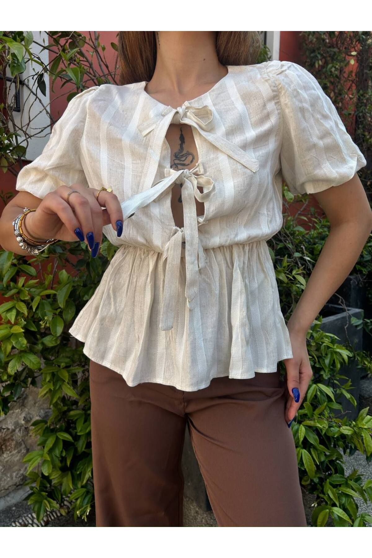 meirah butik Ön Bağcıklı Keten Bluz