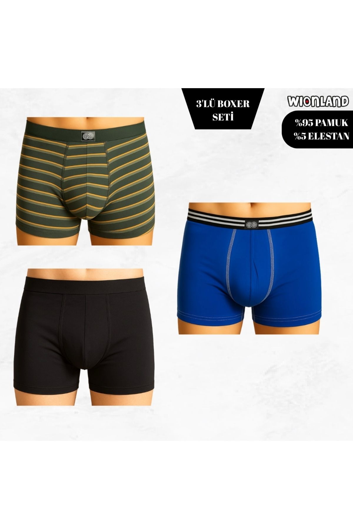 Wionland Erkek 3'lü Boxer Seti – S Beden (Yeşil Çizgili / Siyah / Mavi)