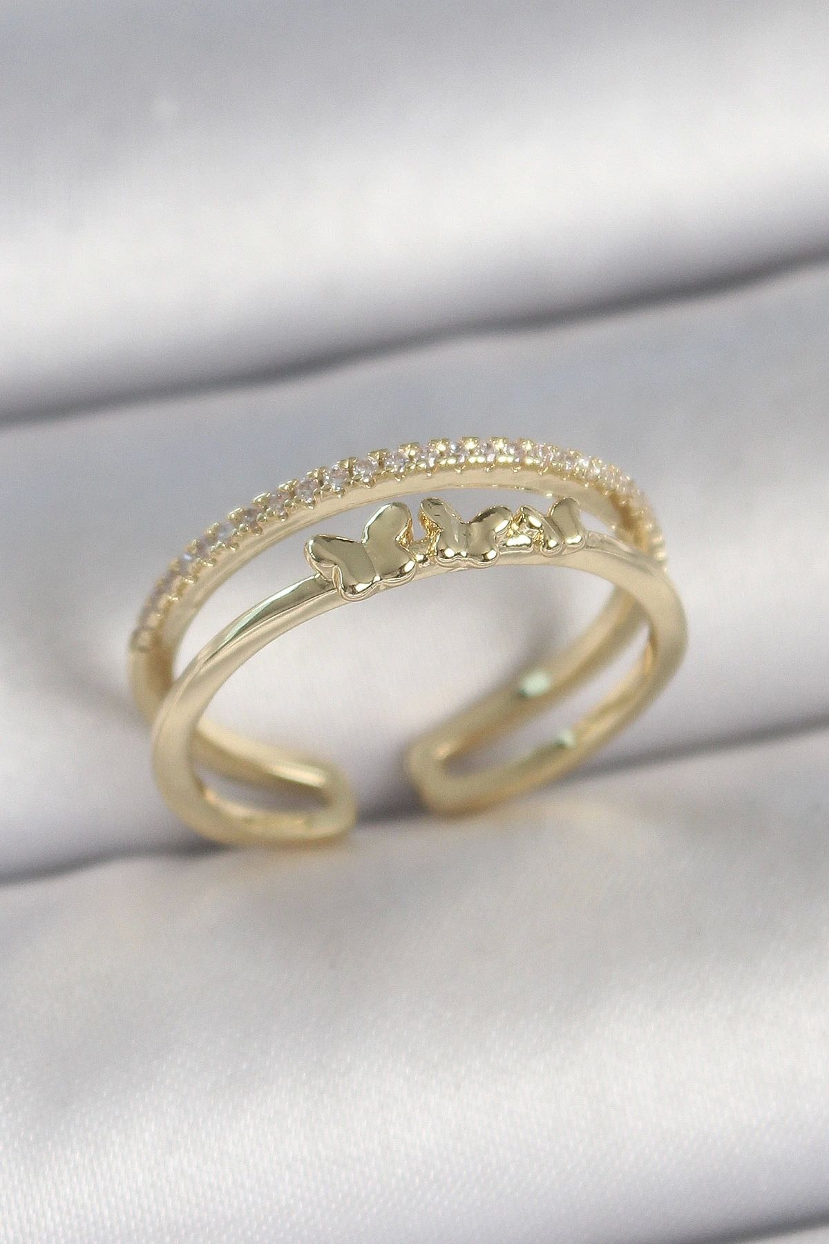 OurStyles Pirinç Gold Renk 2'Li Sıra Zirkon Taş Detaylı Kelebek Figürlü Ayarlanabilir Model Kadın Yüzük - TJ-B