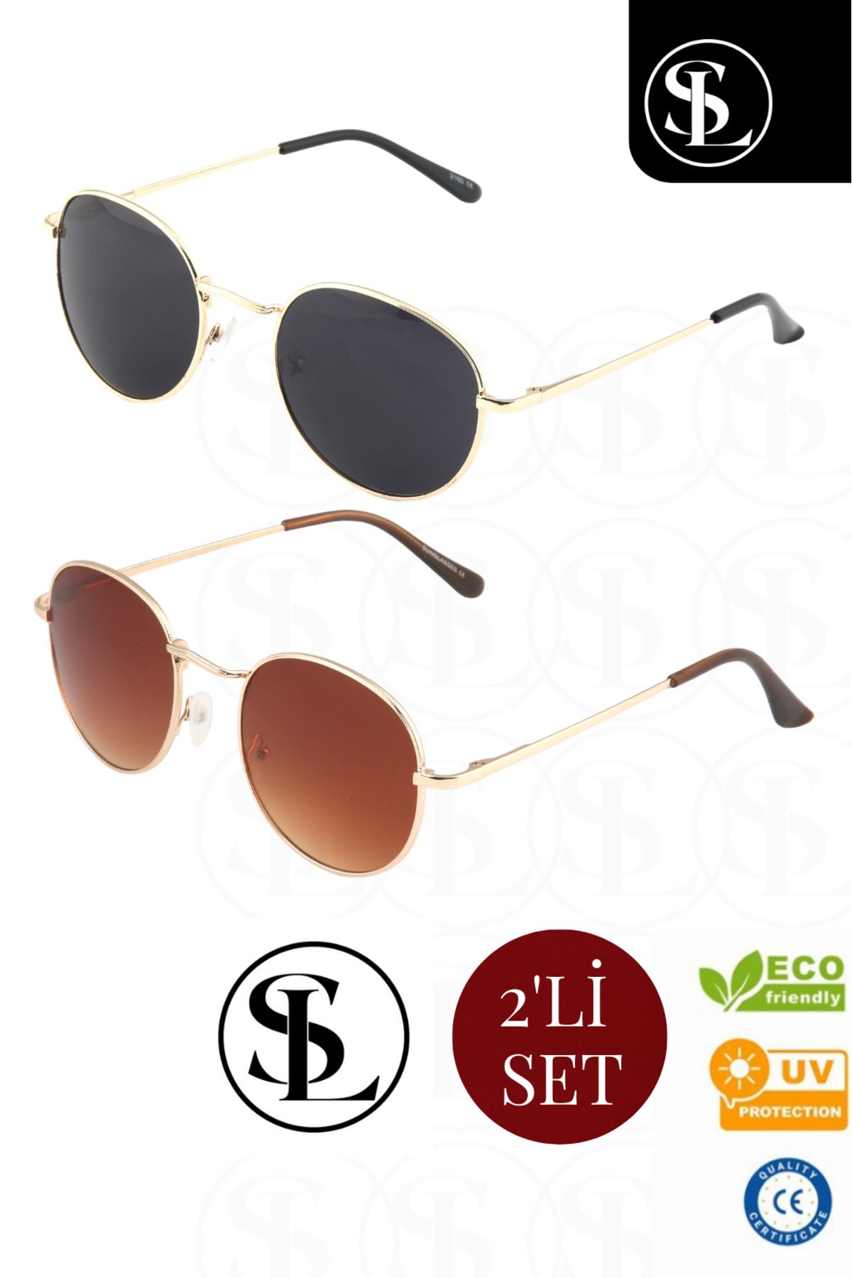 Straight Light ROUND ÇERÇEVELİ UNİSEX 2'Lİ GOLD METAL BLACK&BROWN CAMLI KLASİK GÜNEŞ GÖZLÜĞÜ