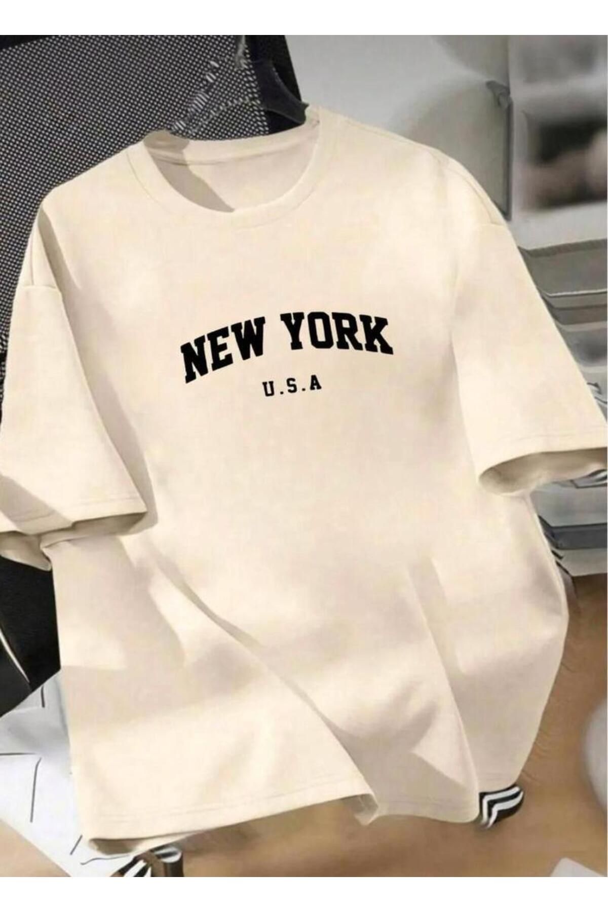 khufu Oversize Kalıp Bej Renkli NEW YORK u.S.a Baskılı Rahat Kesim T-shirt Ünisex