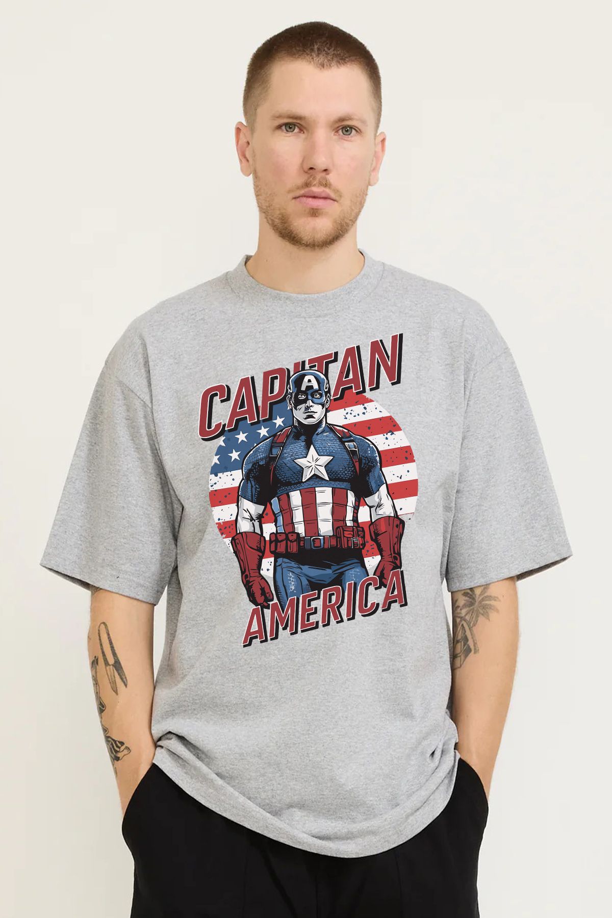 MODA Kaptan Amerika Captain America Baskılı Oversize Kalıp Grimelanj Bol Kesim Erkek Tişört