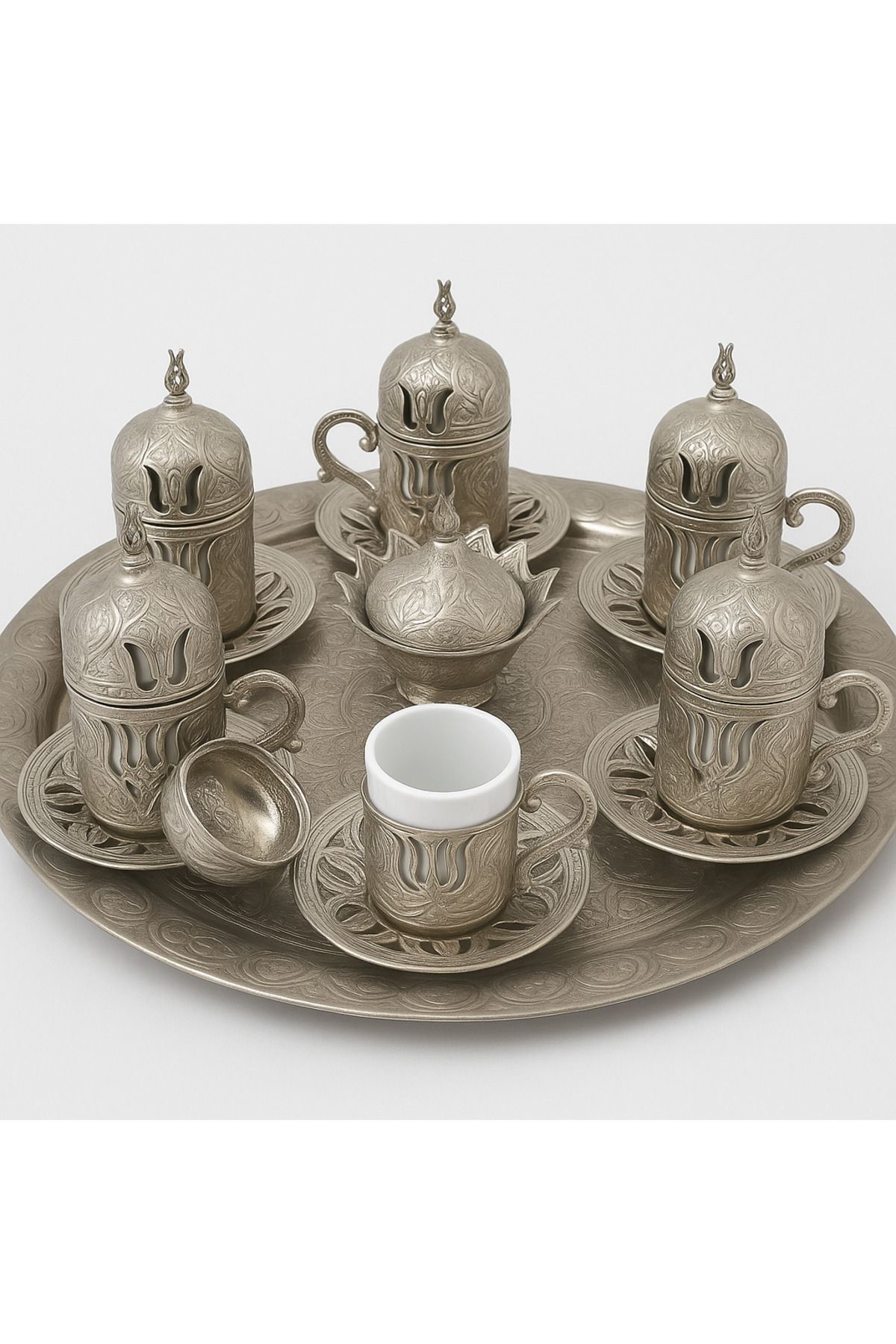 Karşı Köyden Gümüş Renkli Kahve Takımı, Handmade