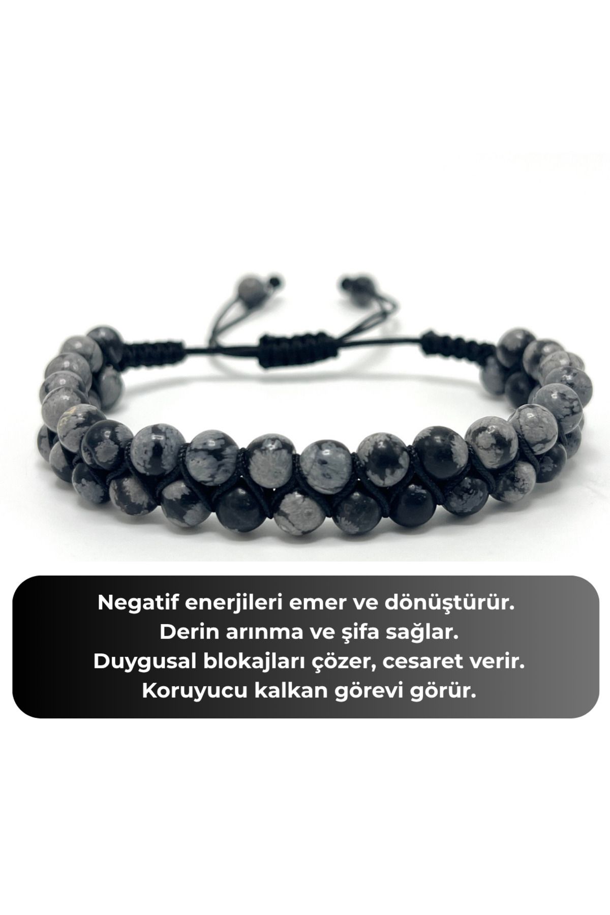 YILDIZ DOĞAL TAŞ SERTİFİKALI Karlı Obsidyen Çift Sıra Doğal Taş Makrome Bileklik Ayarlanabilir Ölçü