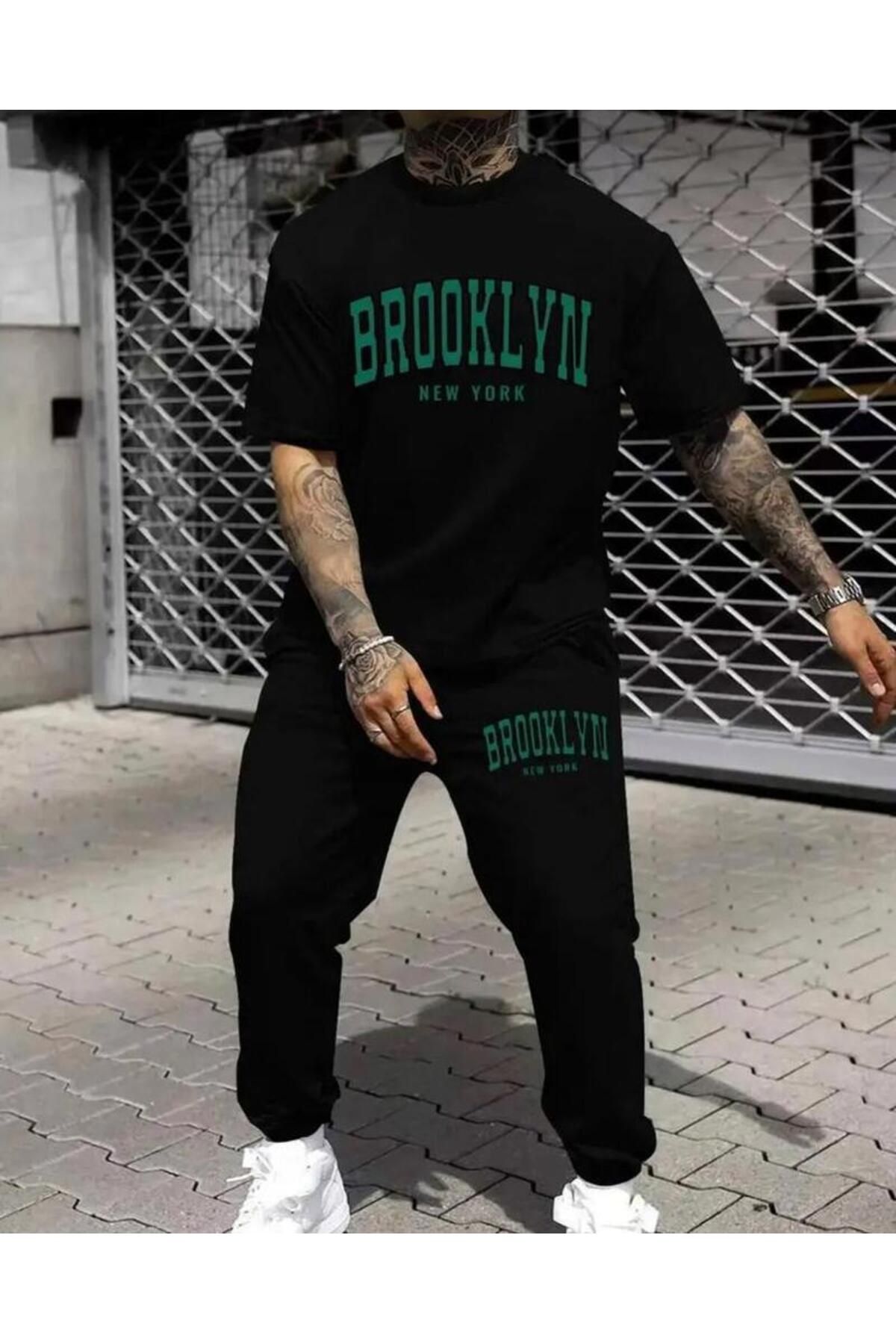 khufu Brooklyn Baskılı Oversize Kalıp Siyah T-shirt ve Siyah Eşofman ikili Takım unisex