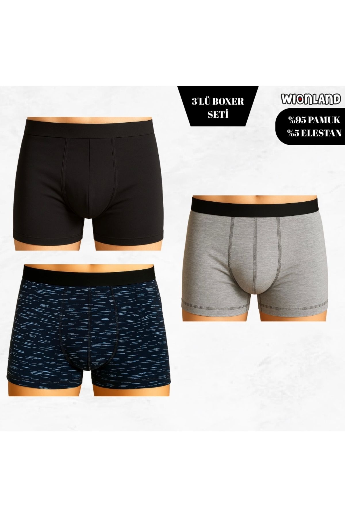 Wionland Erkek 3'lü Boxer Seti – XXL Beden (Mavi Çizgili / Gri / Siyah)
