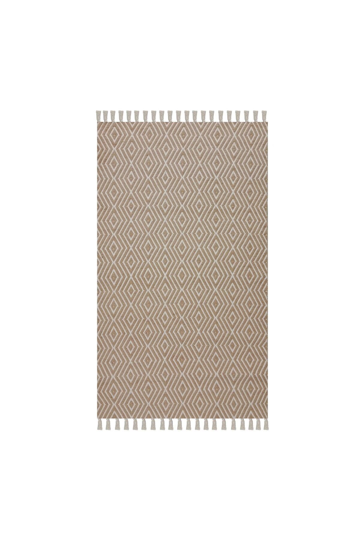MATMEL Home Jacq Geometri Pamuk ve Jüt Halı - Kahverengi / Beyaz - 80x150 cm