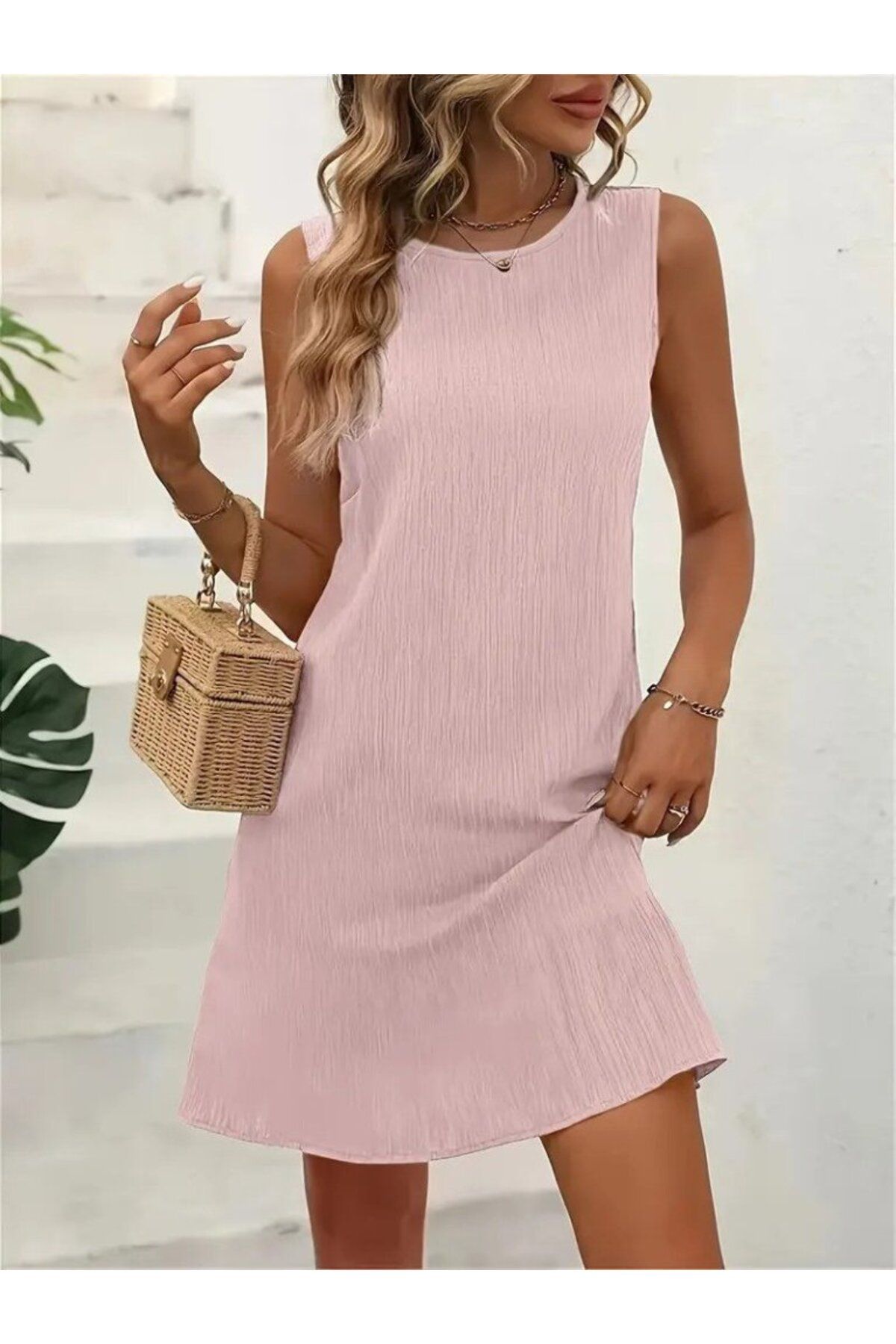 Monapera Bisiklet Yaka Kolsuz Mini Elbise