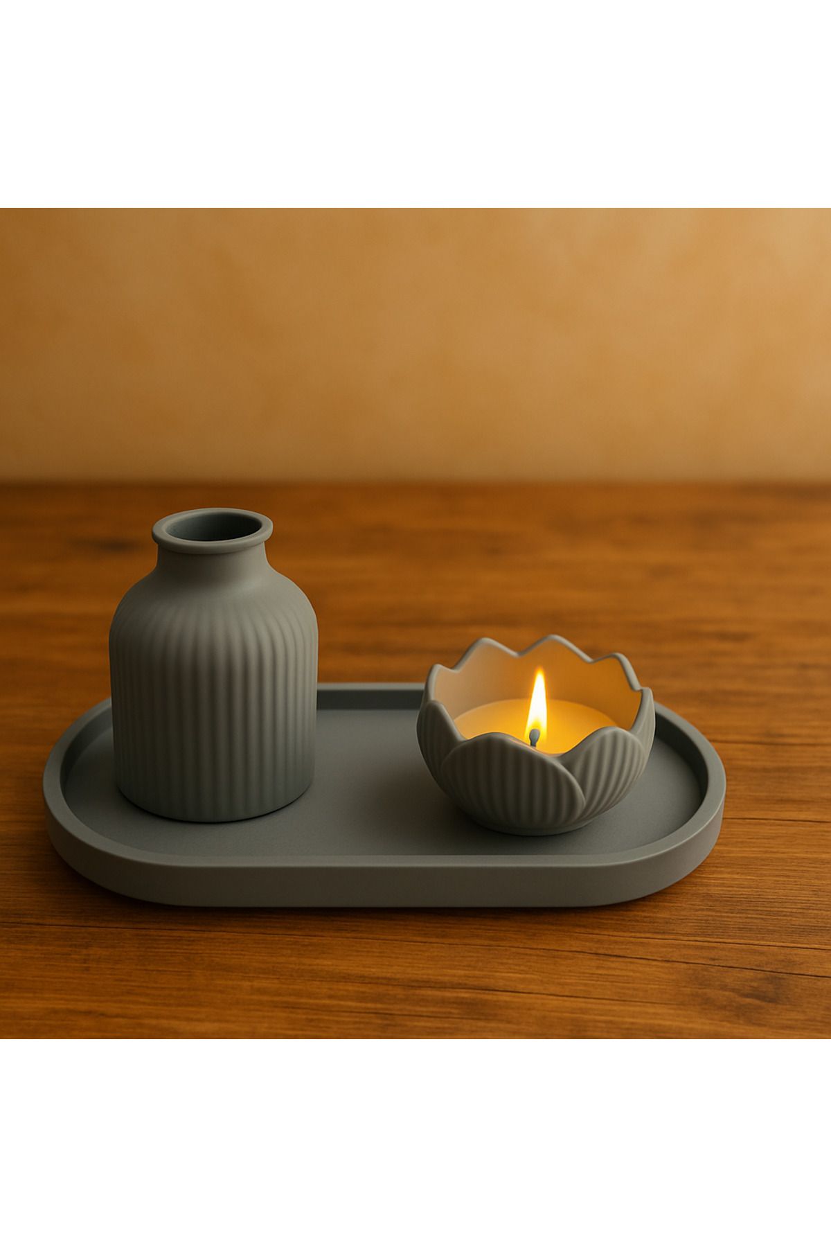 ERSE HOME 3lü Gri Renk Beton Vazo ve Lotus Tealight Mumluk Seti – Dekoratif Ev Aksesuarı