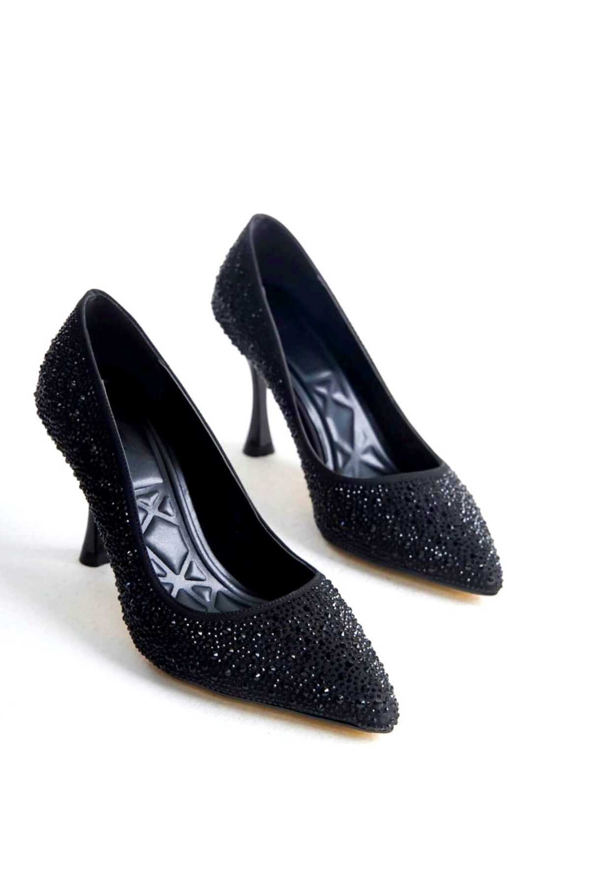 Dericalle shoes Kadın Ayakkabı Taşlı Kumaş Sivri Burun Topuklu Ayakkabı