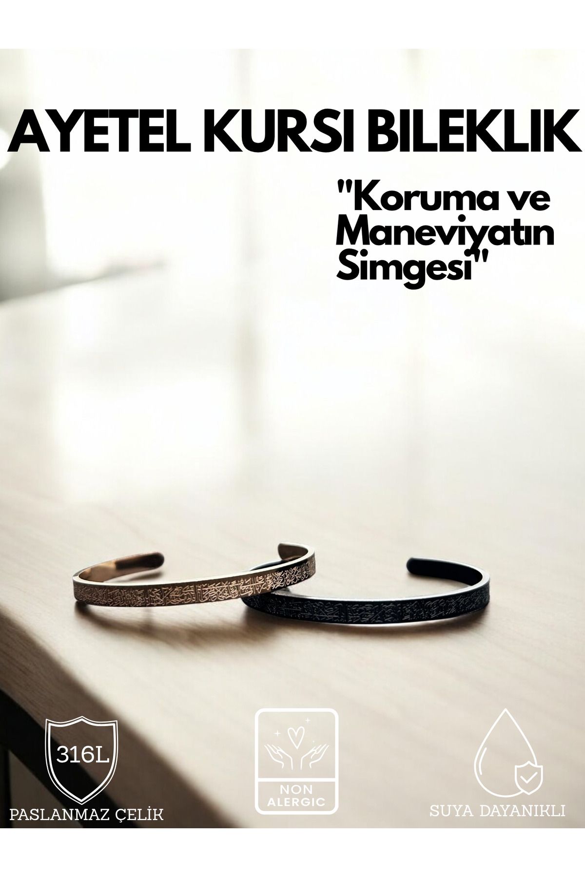 KT AKSESUAR Ayetel Kürsi Yazılı Bileklik Paslanmaz Çelik Ayarlanabilir Erkek/Kadın Bileklik