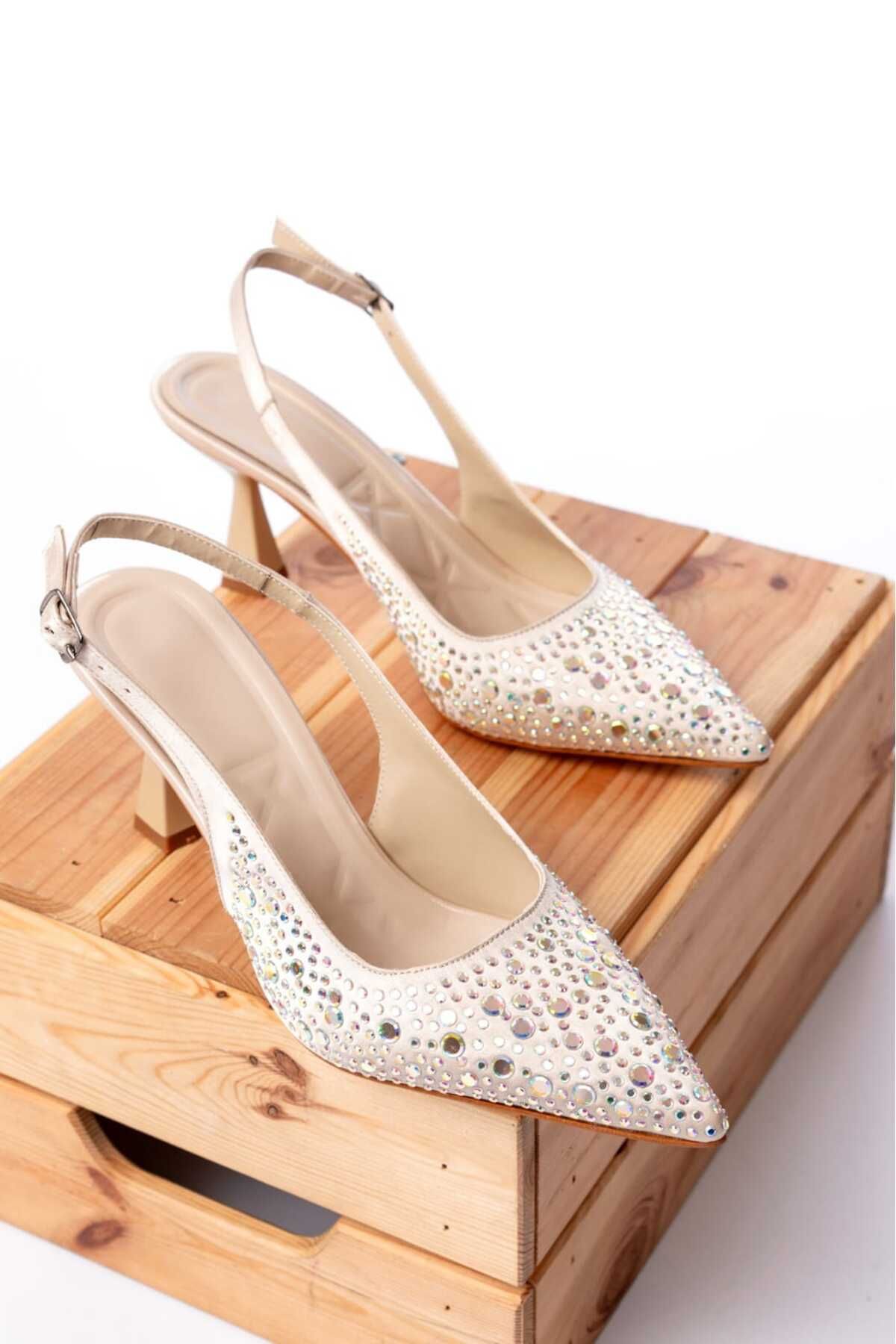 Dericalle shoes Kadın Abiye Taş Detaylı Kumaş sivri burun arka açık 7cm Topuklu