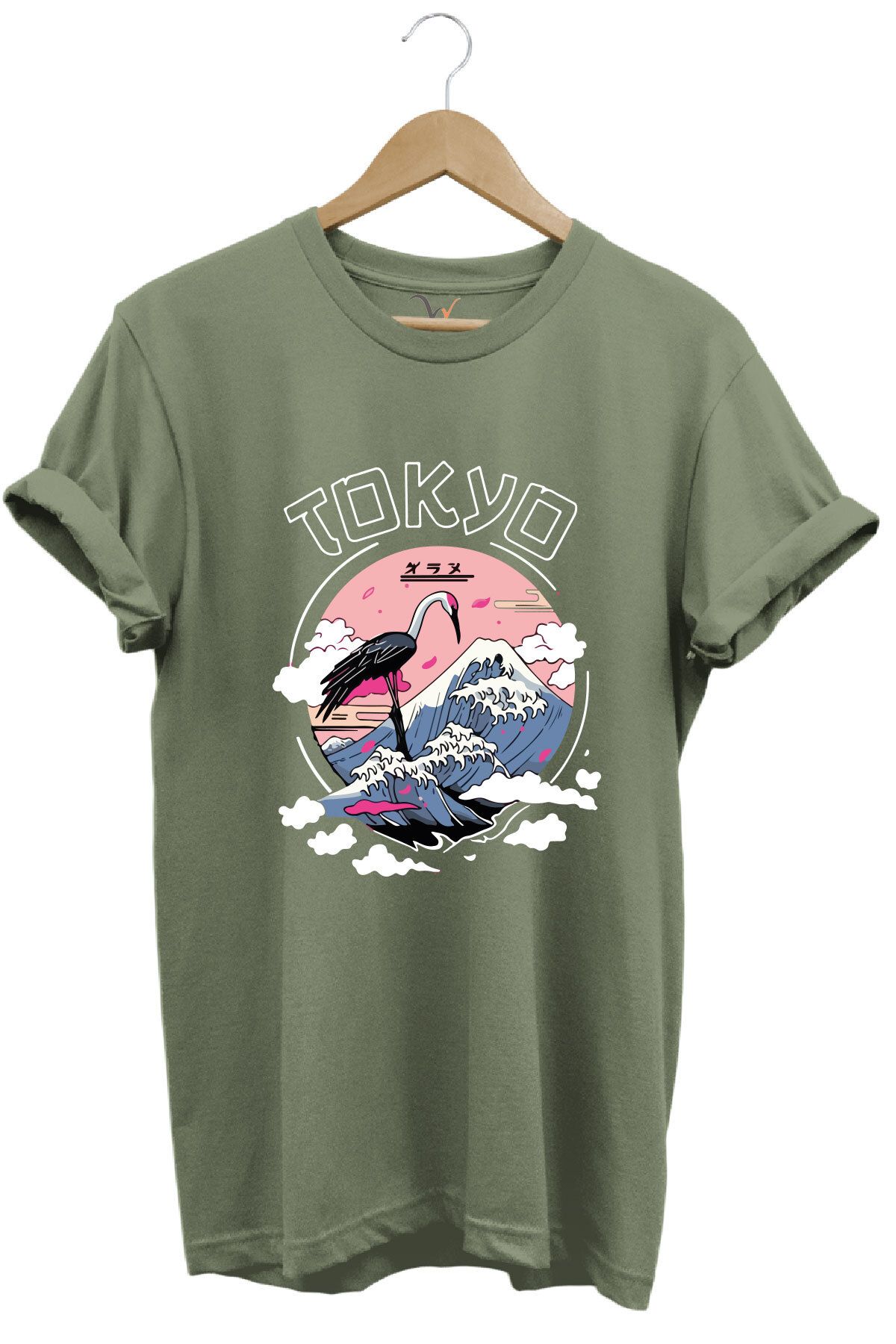 onsrawear Tokyo Baskılı Unisex Tişört - Dağ ve Flamingo Desenli %100 Pamuk Basic T-shirt