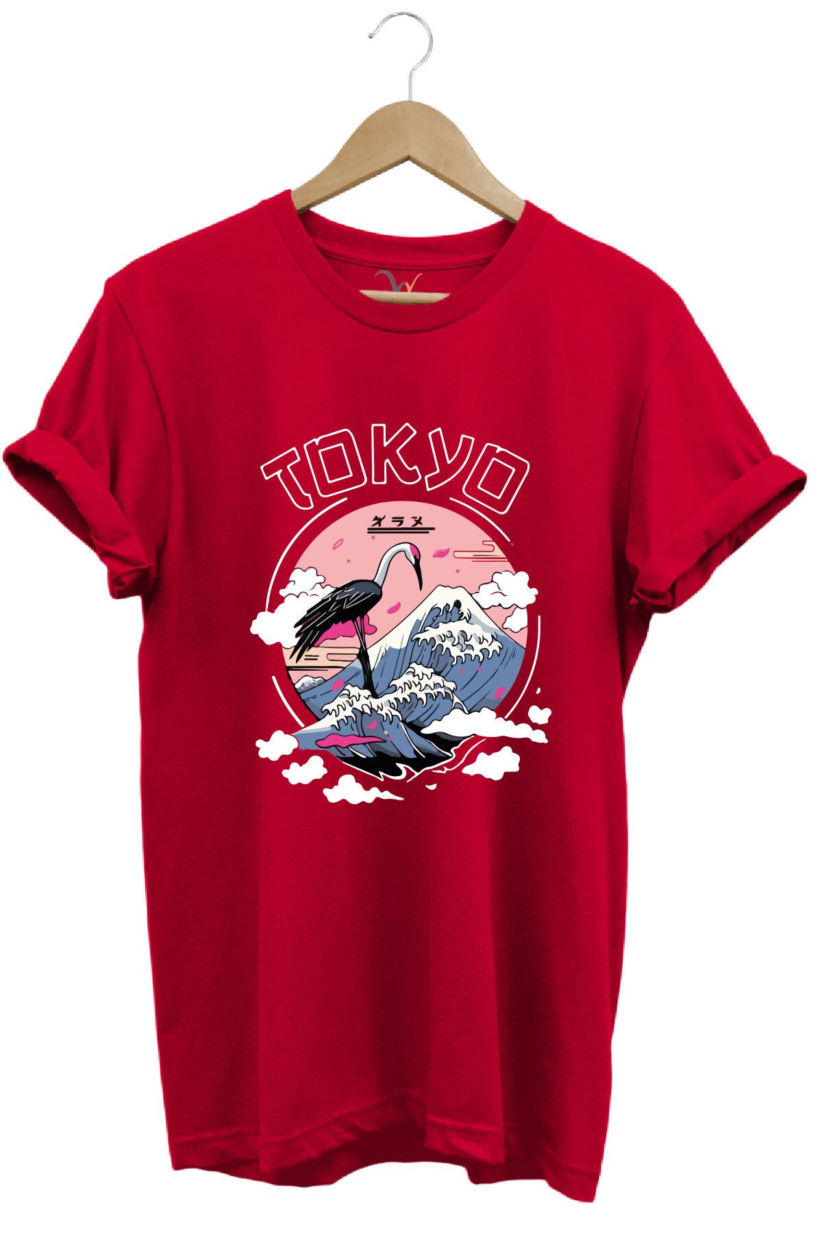 onsrawear Tokyo Baskılı Unisex Tişört - Dağ ve Flamingo Desenli %100 Pamuk Basic T-shirt