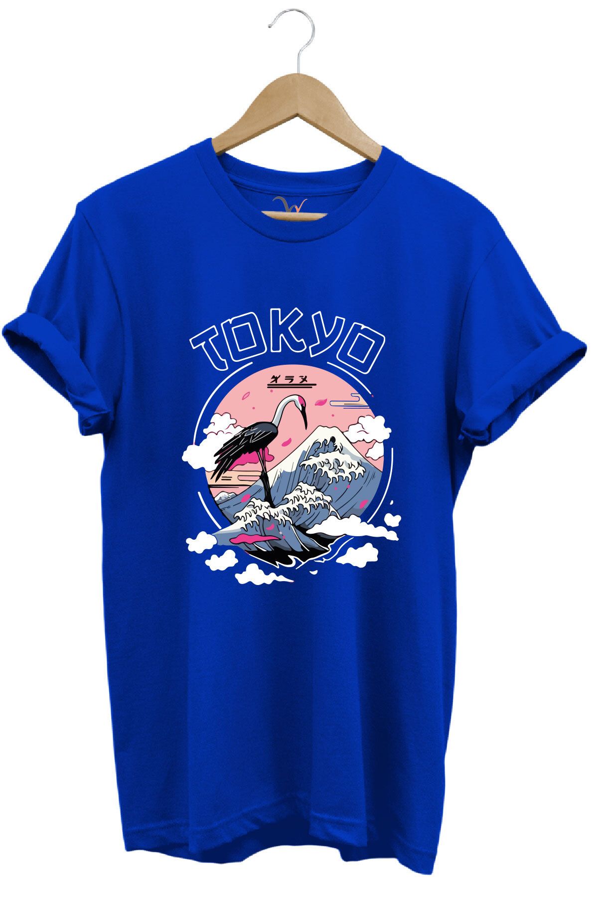 onsrawear Tokyo Baskılı Unisex Tişört - Dağ ve Flamingo Desenli %100 Pamuk Basic T-shirt