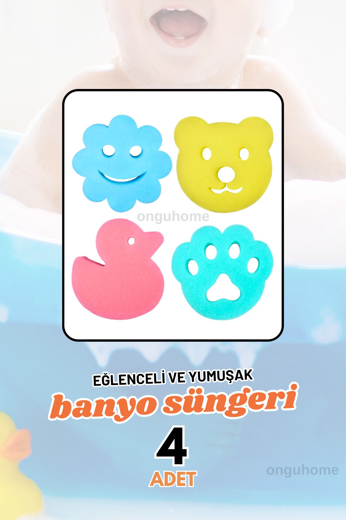 ongu home 4'lü Bebek Banyo Yıkama Süngeri Figürlü Sünger