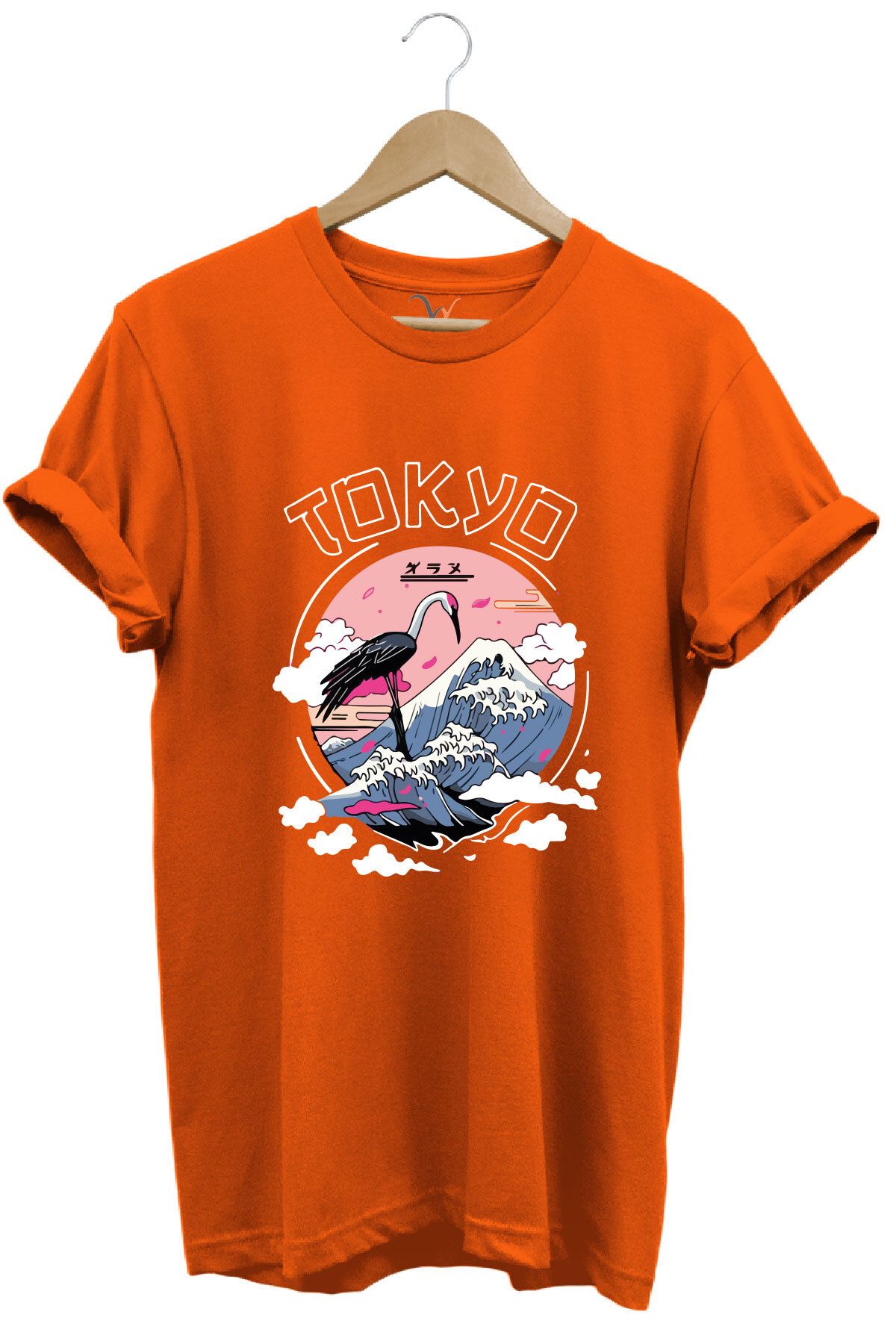 onsrawear Tokyo Baskılı Unisex Tişört - Dağ ve Flamingo Desenli %100 Pamuk Basic T-shirt