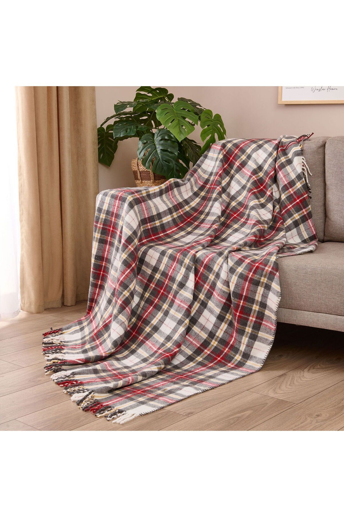 ASPARTAM Sim İp Detaylı Skoç Koltuk Şalı - Kırmızı - 130x170 cm