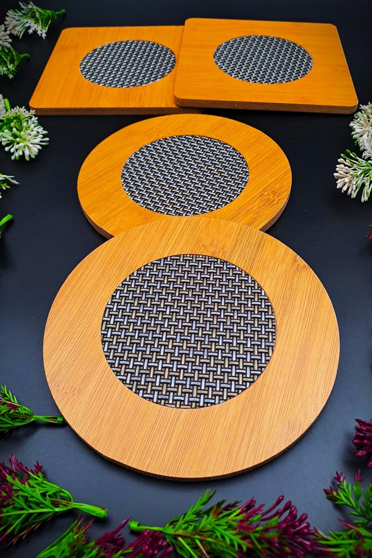SWENCRAFT WEST HOME LÜX 4 lü Bambu Çelik Telli Nihale Ahşap Tencere Tava Çaydanlık Atlığı
