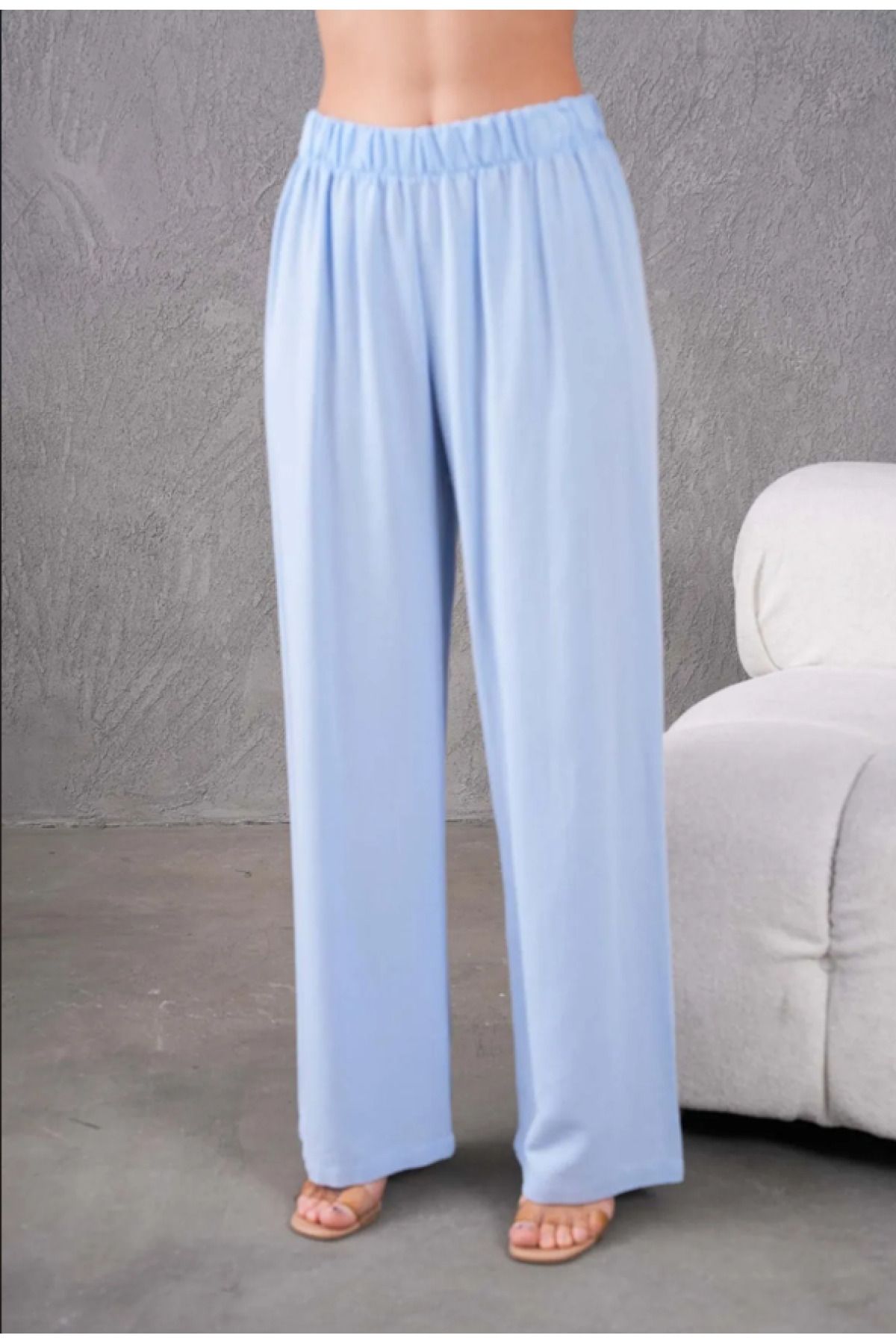 Elçelya Moda Kadın Mavi Keten Beli Lastikli Rahat Bol Paça Pantalon