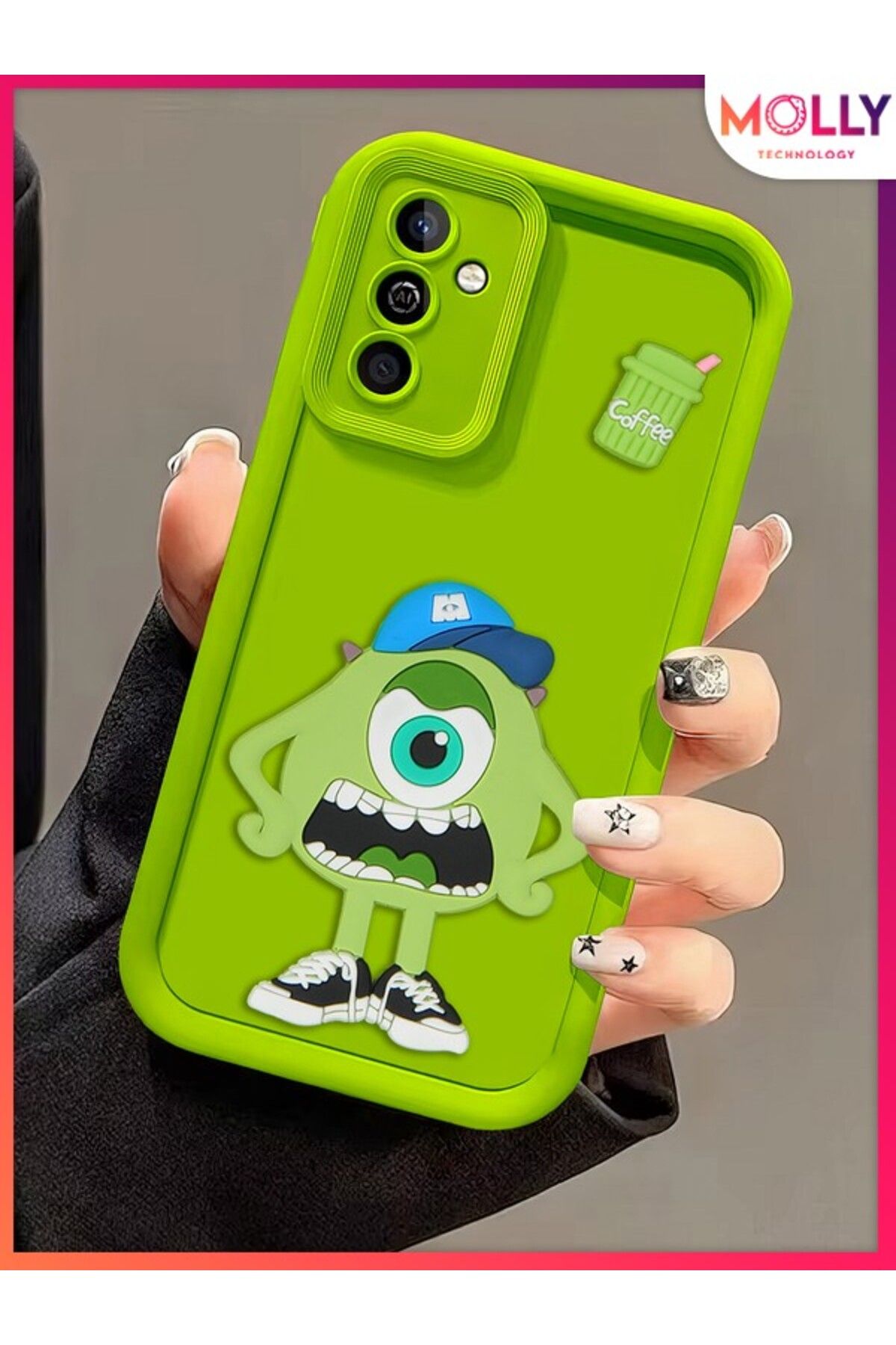 Molly Samsung Galaxy M13 İçin Yeşil Kenarları Kalın 3d Kabartmalı Sevimli Canavar Mike Silikon Kılıf