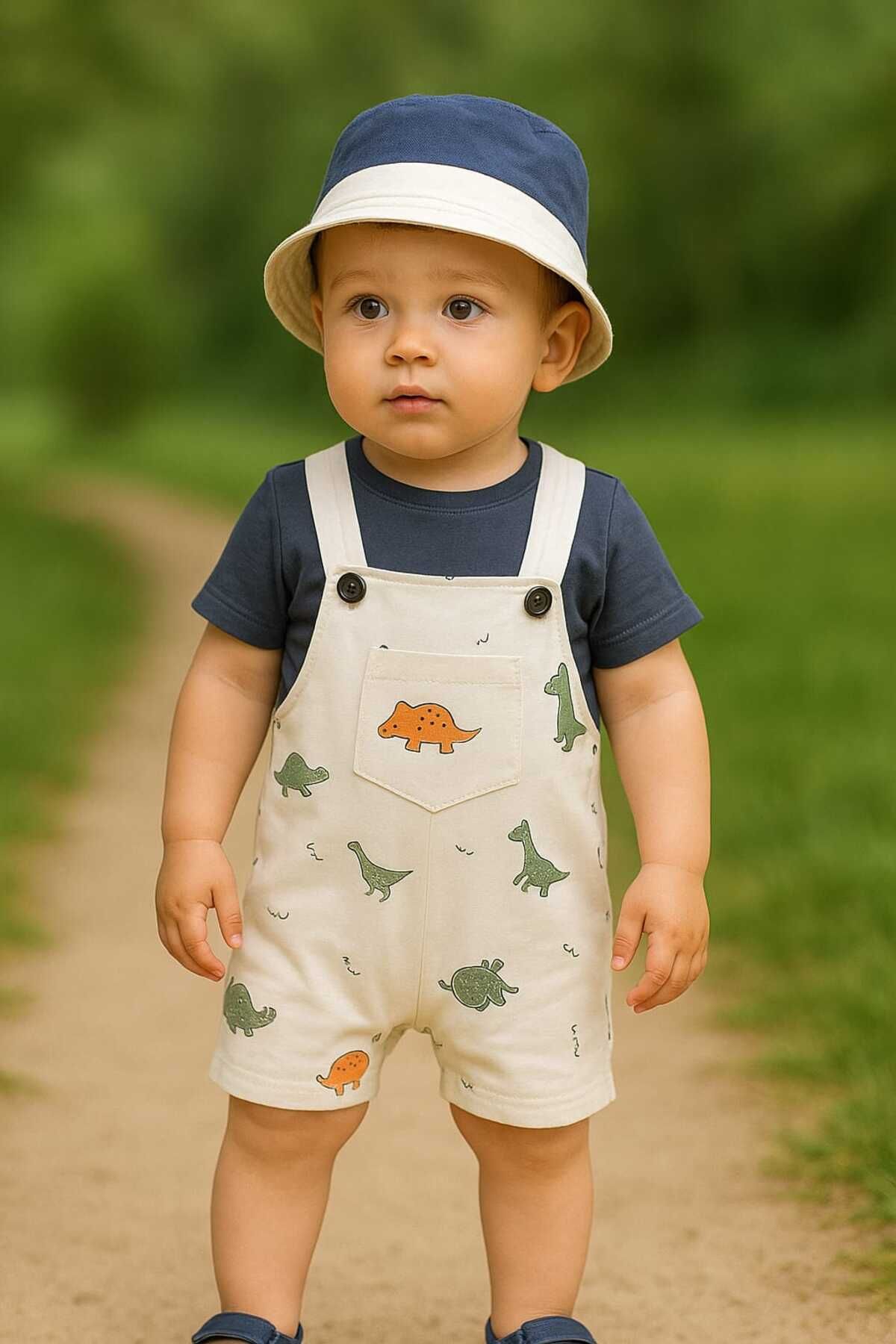 Lino Baby Salopet Yazlık Dinazor Desenli Safari Şapkalı Omuzdan Çıtçıtlı % Pamuk Erkek Bebek Takım