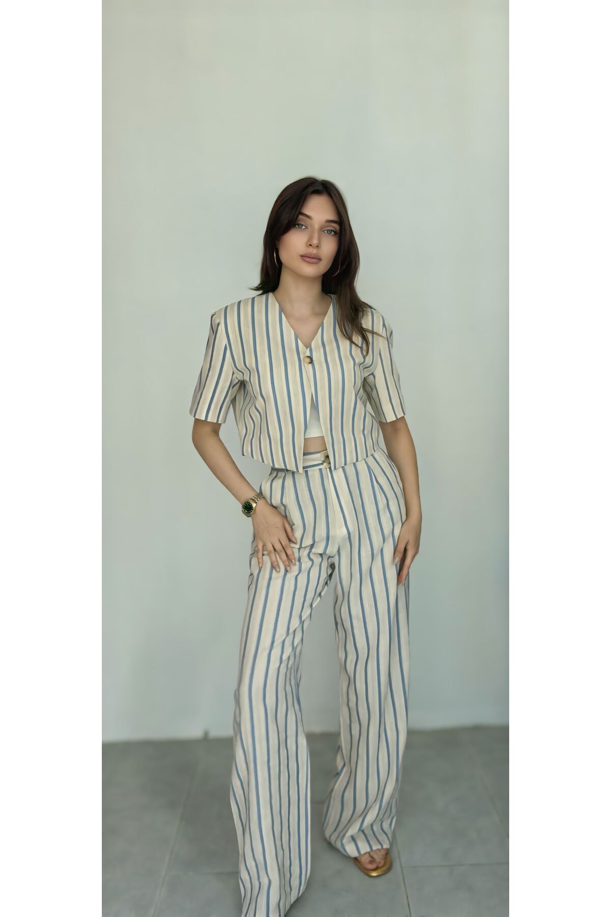 Harze Butik çizgili ceket pantolon takım
