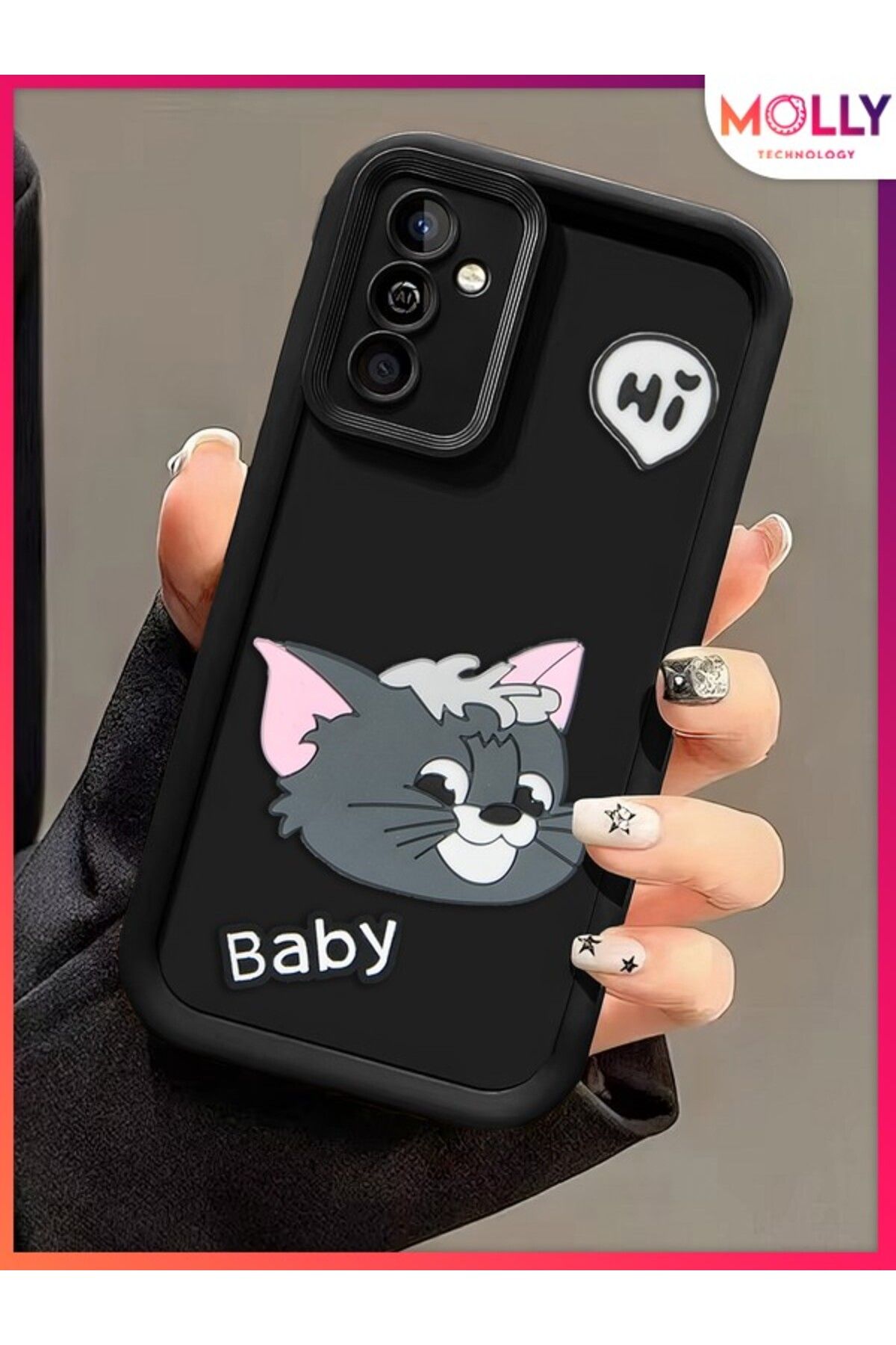 Molly Samsung Galaxy M13 İçin Siyah Kenarları Kalın 3d Kabartmalı Baby Tom Silikon Kılıf