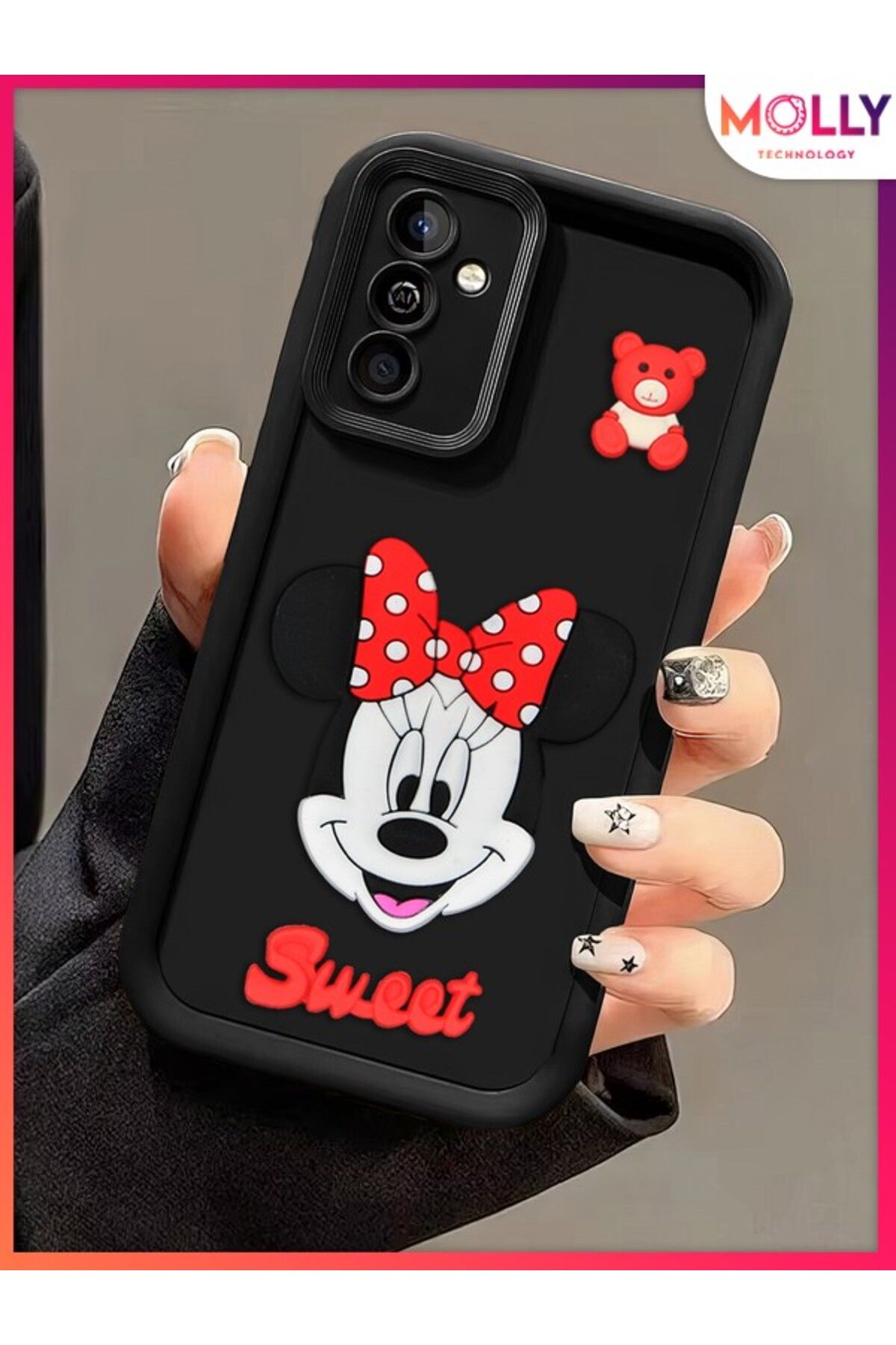 Molly Samsung Galaxy M13 İçin Siyah Kenarları Kalın 3d Kabartmalı Sevimli Minnie Silikon Kılıf