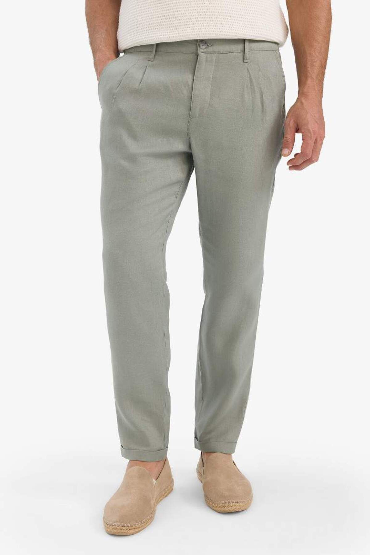DeFacto Yeni Sezon %100 Keten Normal Kesim Crop Duble Paça Yazlık Kumaş Pantolon