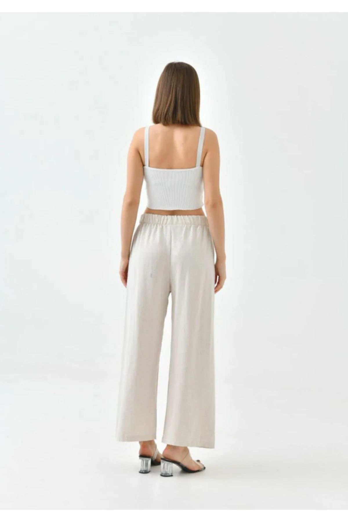 Elçelya Moda Kadın Krem Keten Beli Lastikli Rahat Bol Paça Pantalon