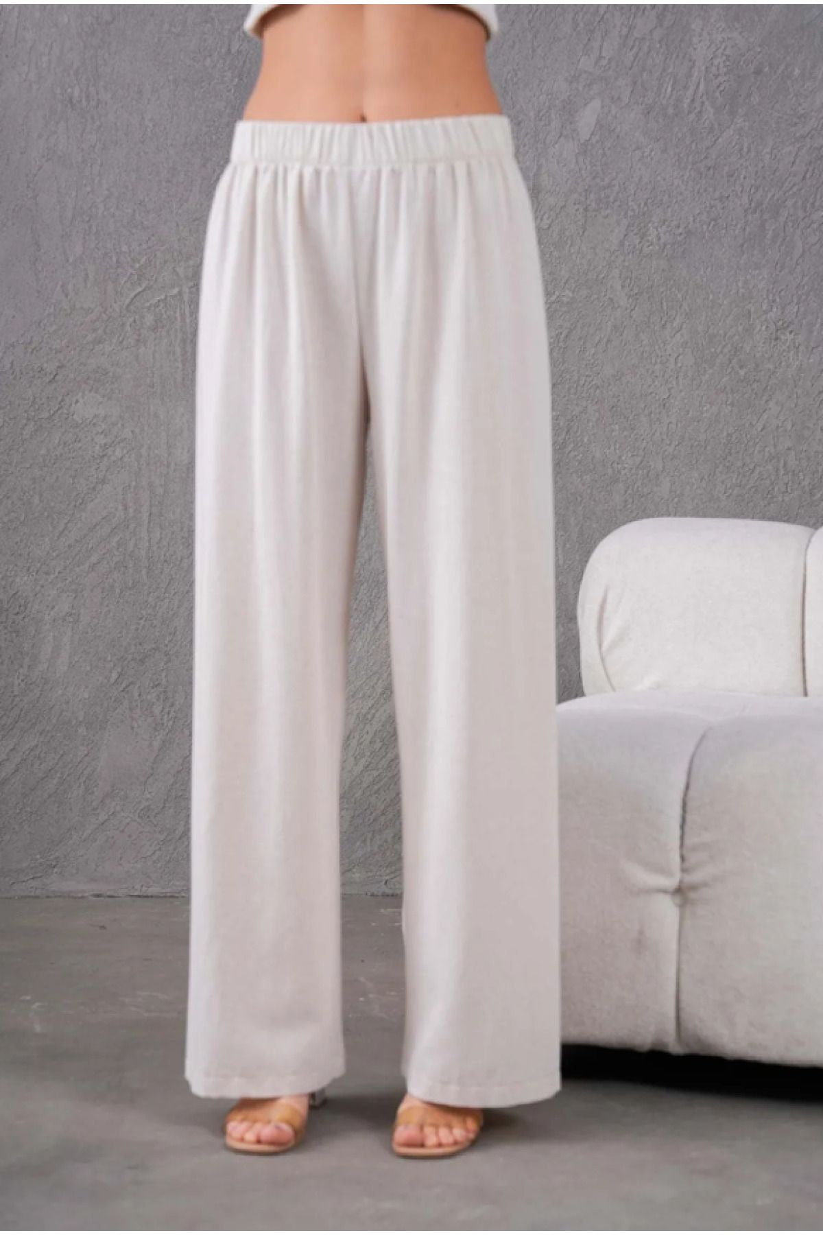 Elçelya Moda Kadın Ekru Keten Beli Lastikli Rahat Bol Paça Pantalon