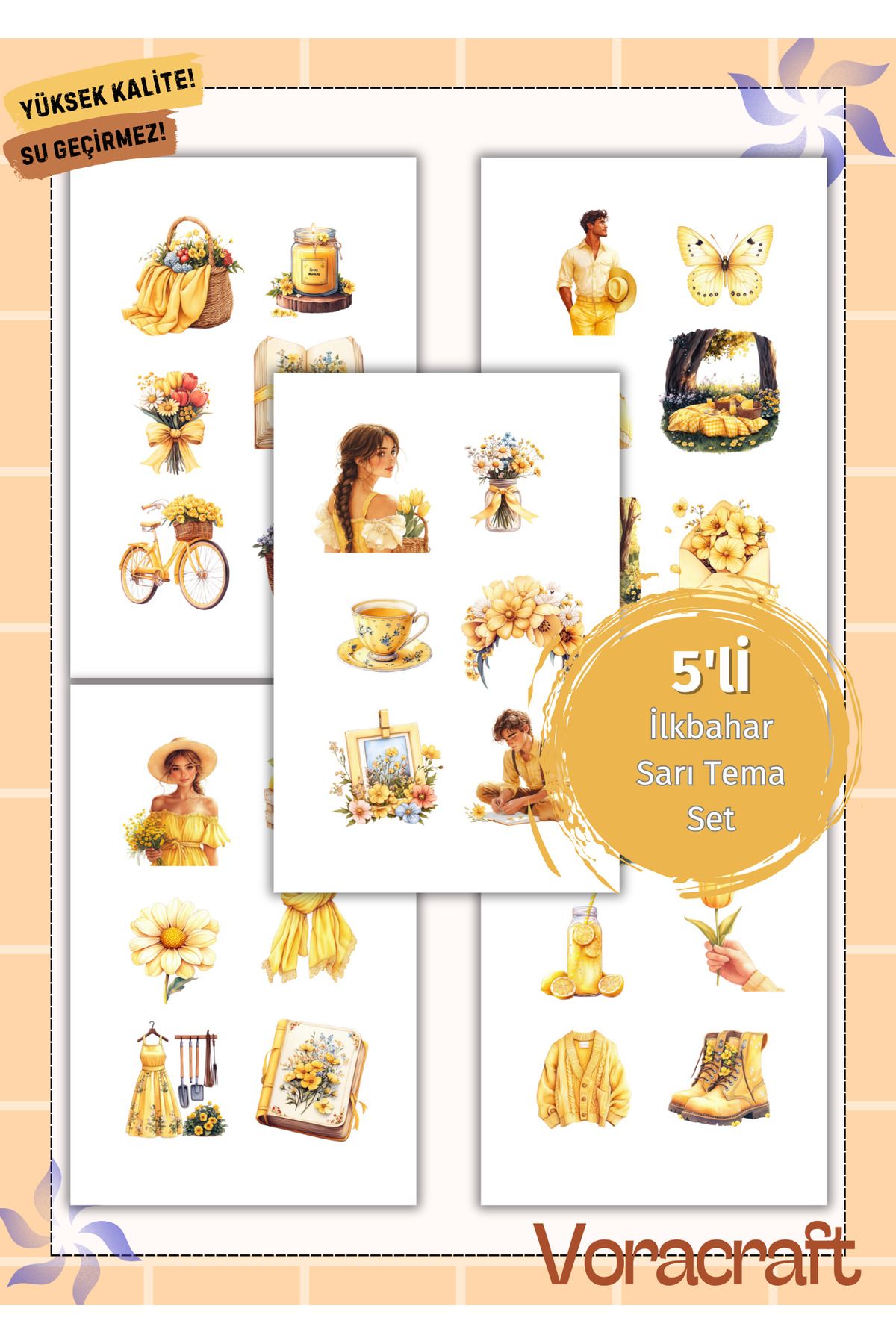 VORACRAFT 5'li İlkbahar Sarı Tema Sticker Set Ajanda Bullet Journal Set A037
