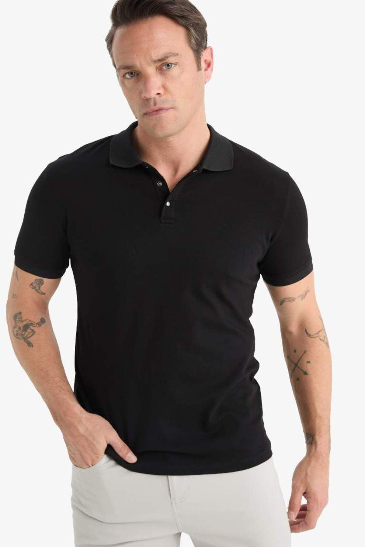DeFacto Yeni Sezon Slim Fit Dar Kesim Kısa Kollu Dokulu Basic Düz Polo Tişört