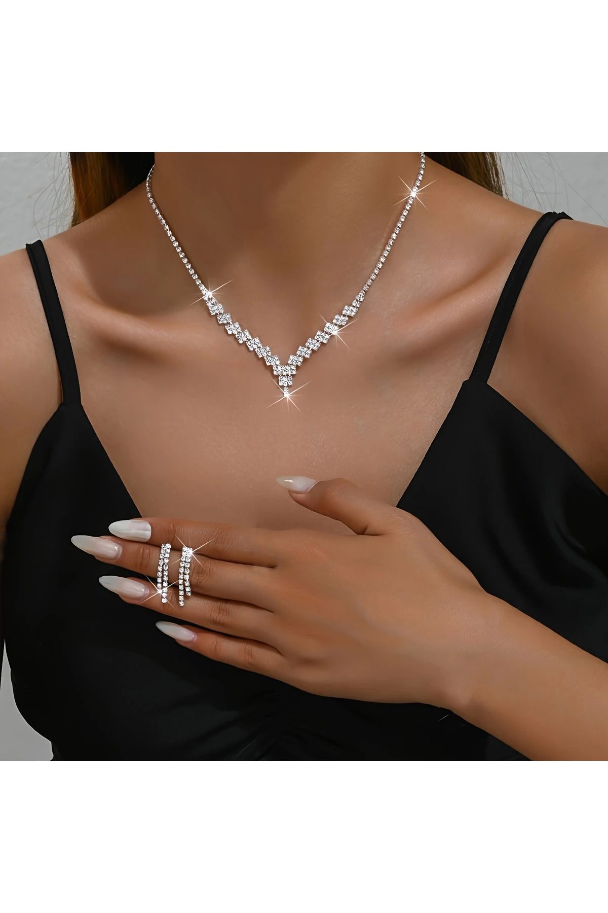 Redhead Işıltılı Zirkon Taş Kolye Küpe Set