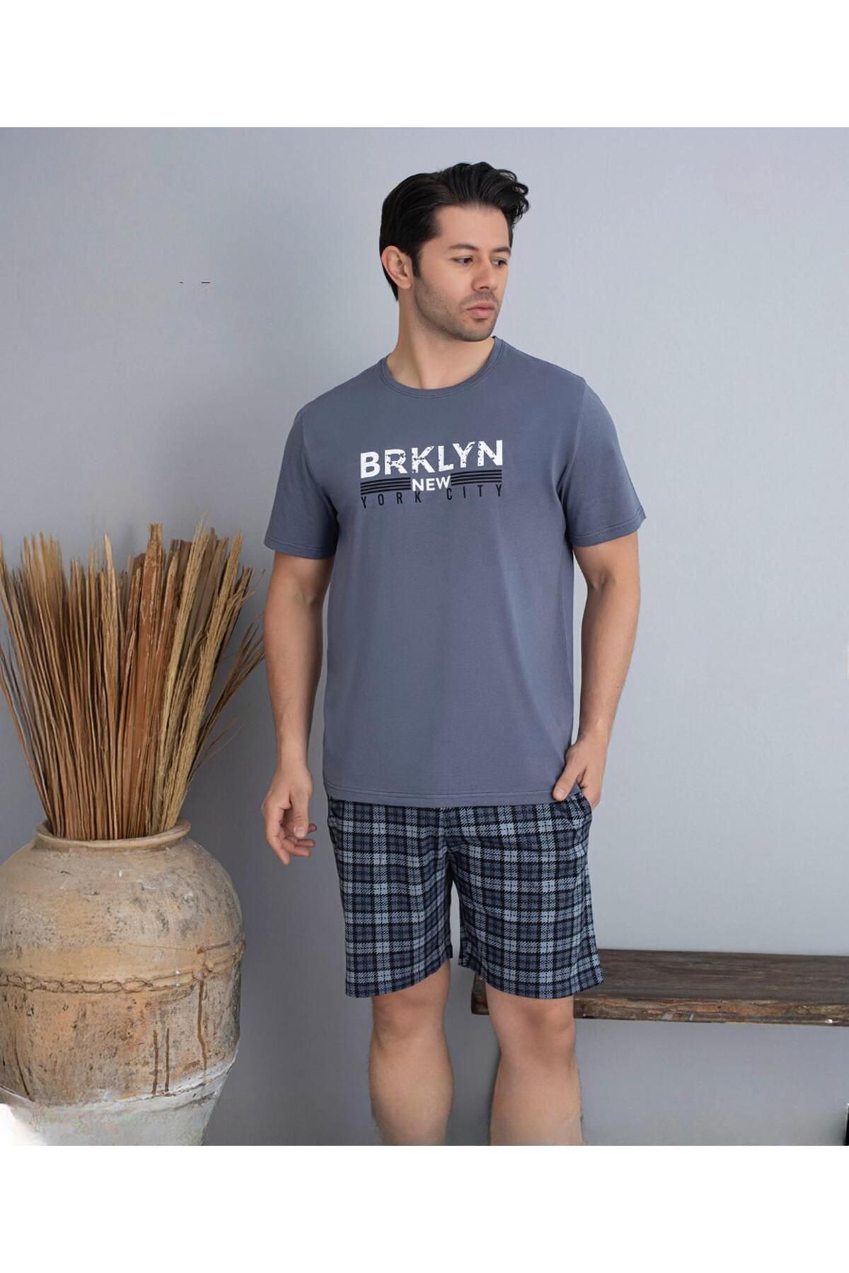 Pijamoni Erkek Bisiklet Yaka Kısa Kol Şortlu Pijama Takımı 6175/11 - 1 Adet